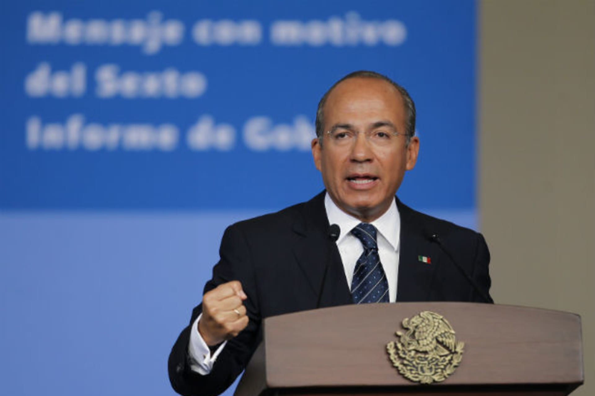 <p>Mexico’s President Felipe Calderón speaks during his sixth and final State of the Union address at the National Palace in Mexico City on September 3, 2012 (Tomas Bravo/Courtesy Reuters).</p>

