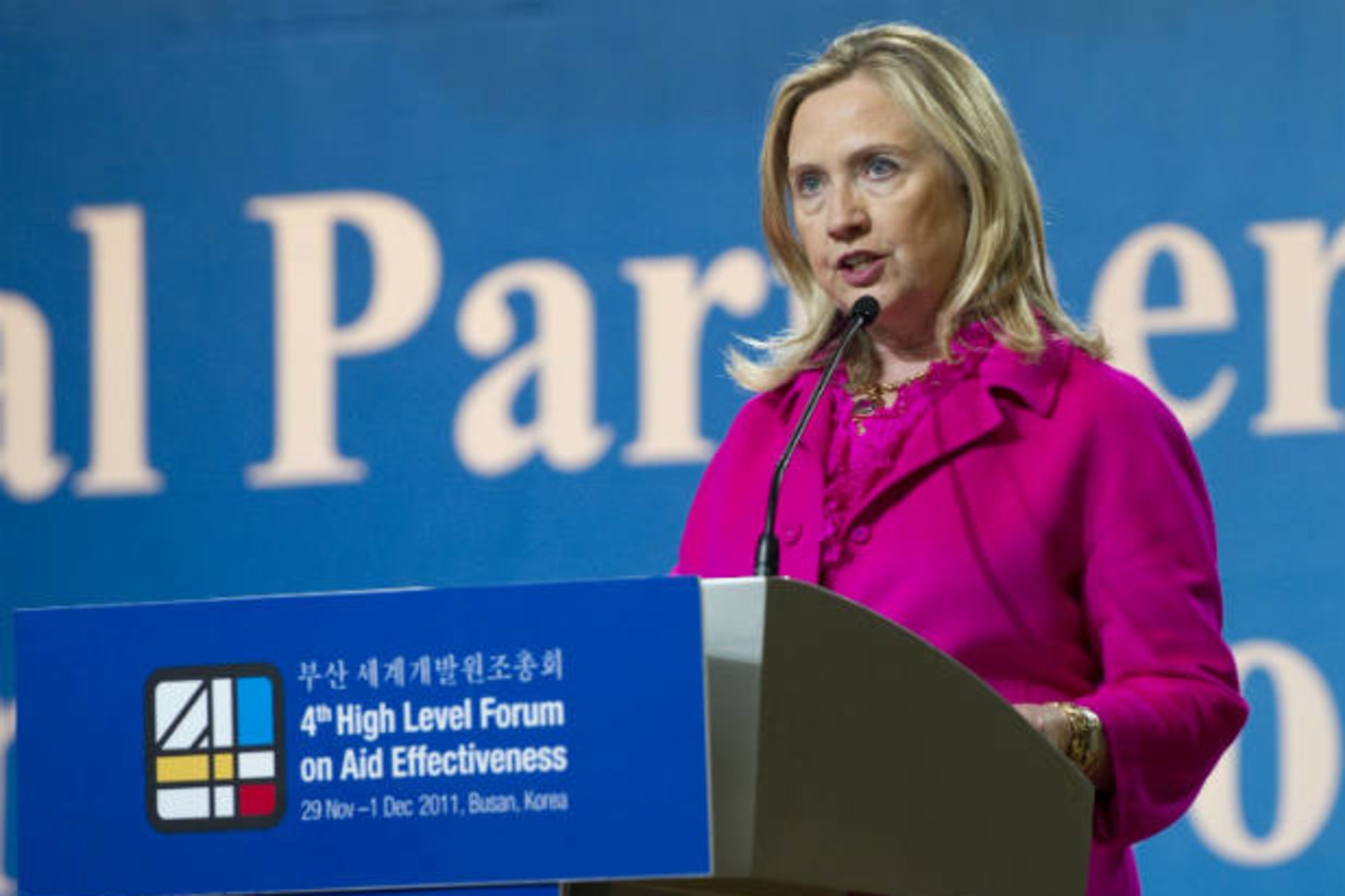 <p>U.S. Secretary of State Hillary Clinton speaks during the Fourth High Level Forum on Aid Effectiveness in Busan, Korea on November 30, 2011 (Saul Loeb/Courtesy Reuters).</p>
