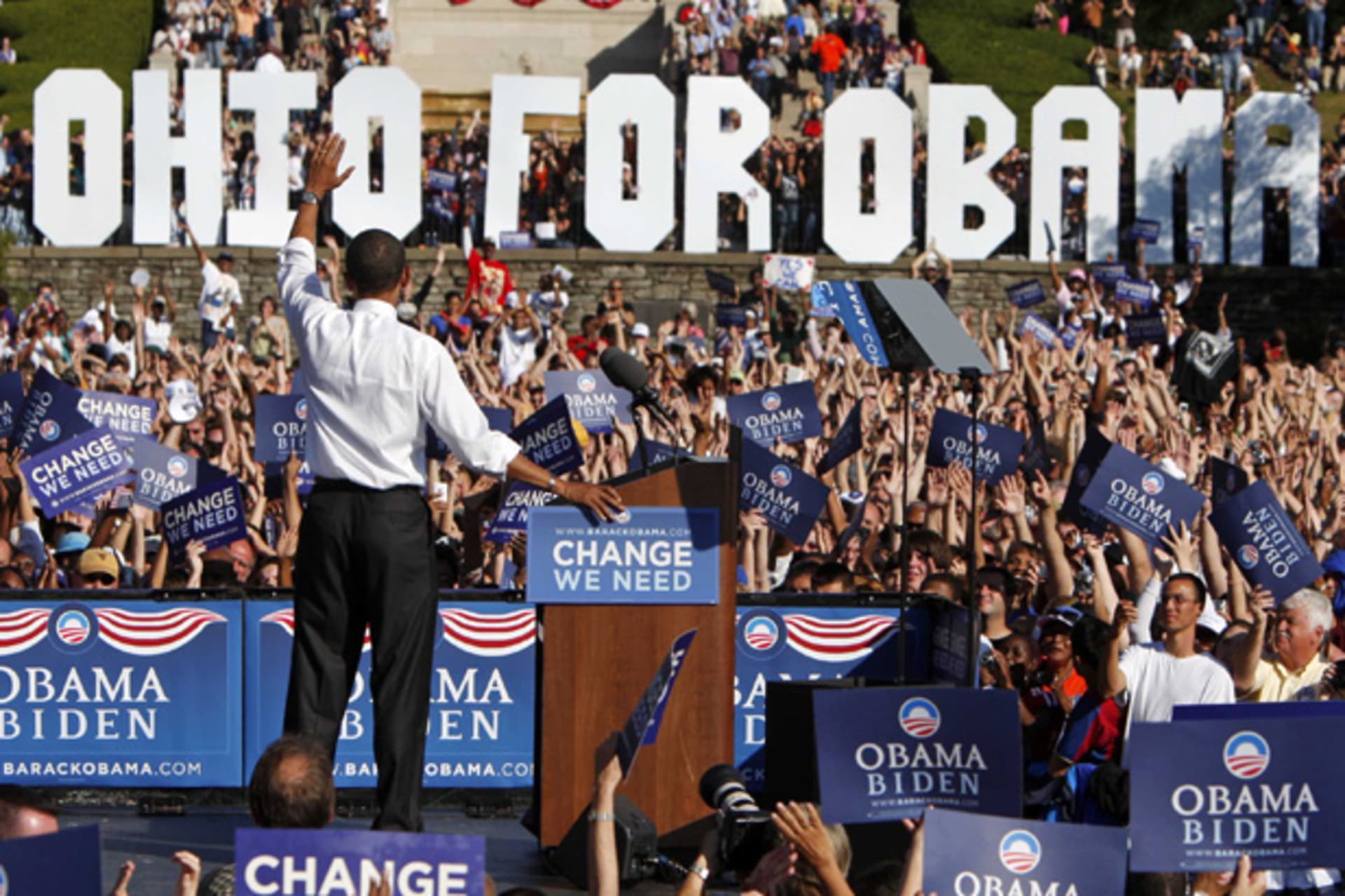 <p>Then-presidential nominee Senator Barack Obama waves to the crowd after speaking at a campaign rally at Ault Park in Cincinnati, Ohio in October 2008 (Jim Young/Courtesy Reuters).</p>
