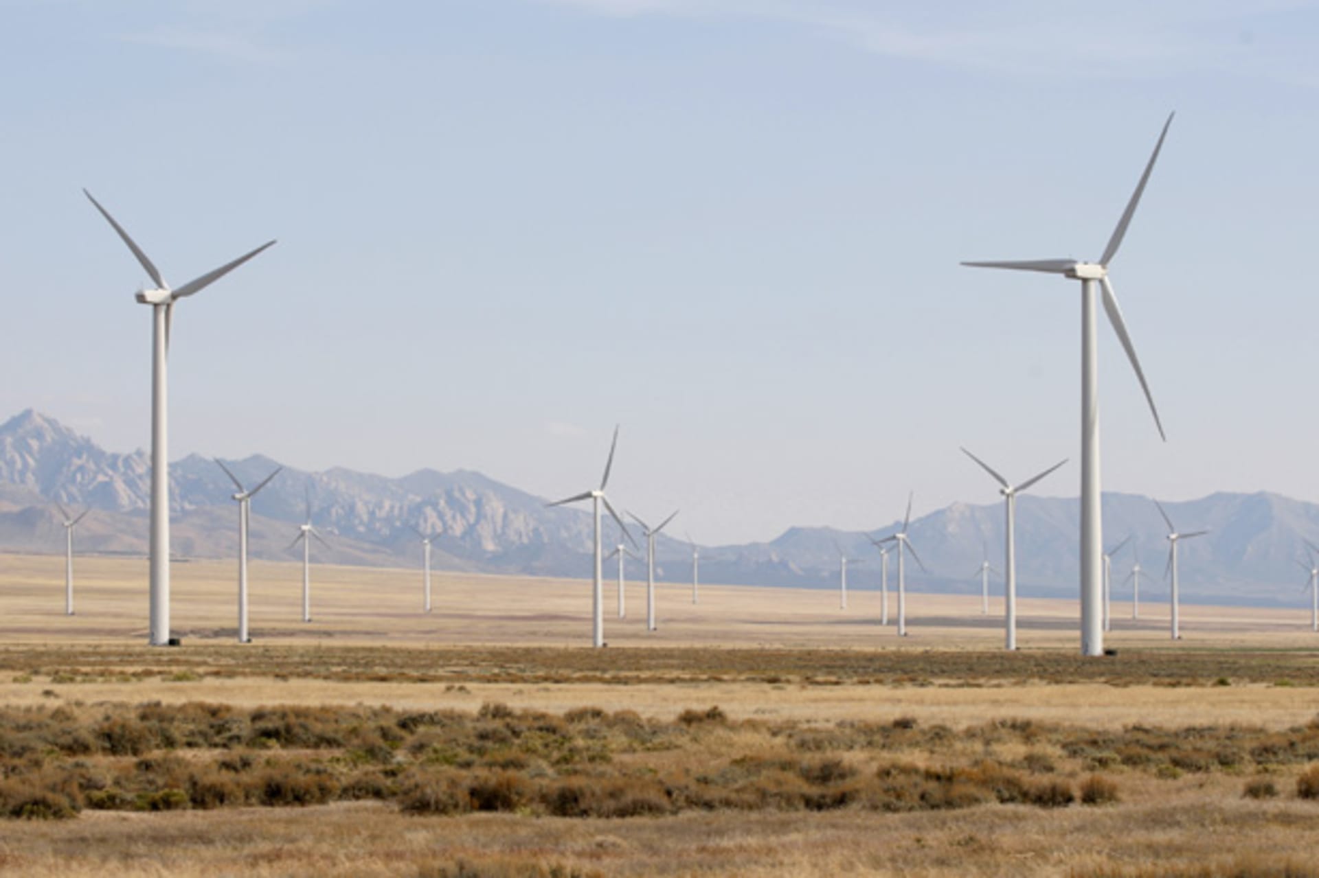 <p>Wind turbines operate at a wind farm near Milford, Utah (George Frey/Courtesy Reuters).</p>
