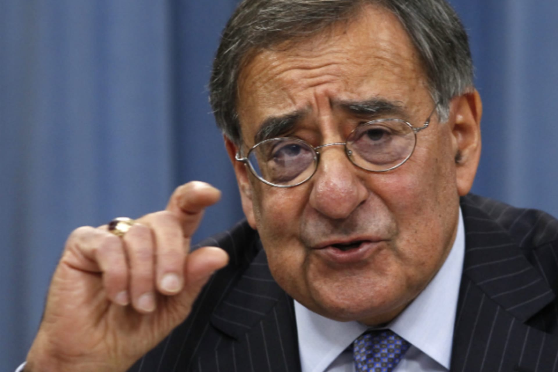 <p>U.S. Defense Secretary Leon Panetta briefs the media on budget cuts announced by the Pentagon in January 2012 (Kevin Lamarque/Courtesy Reuters).</p>
