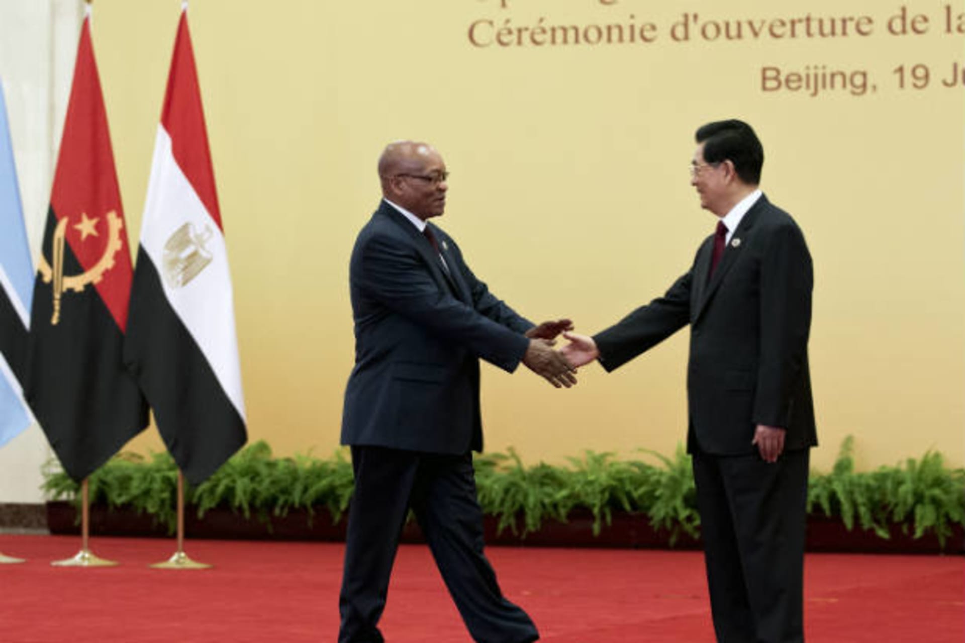 <p>South African President Jacob Zuma (L) shakes hands with his Chinese counterpart Hu Jintao before a group photo session for th…sterial Conference of the Forum on China-Africa Cooperation (FOCAC) in Beijing on July 19, 2012 (Andy Wongl/Courtesy Reuters).</p>
