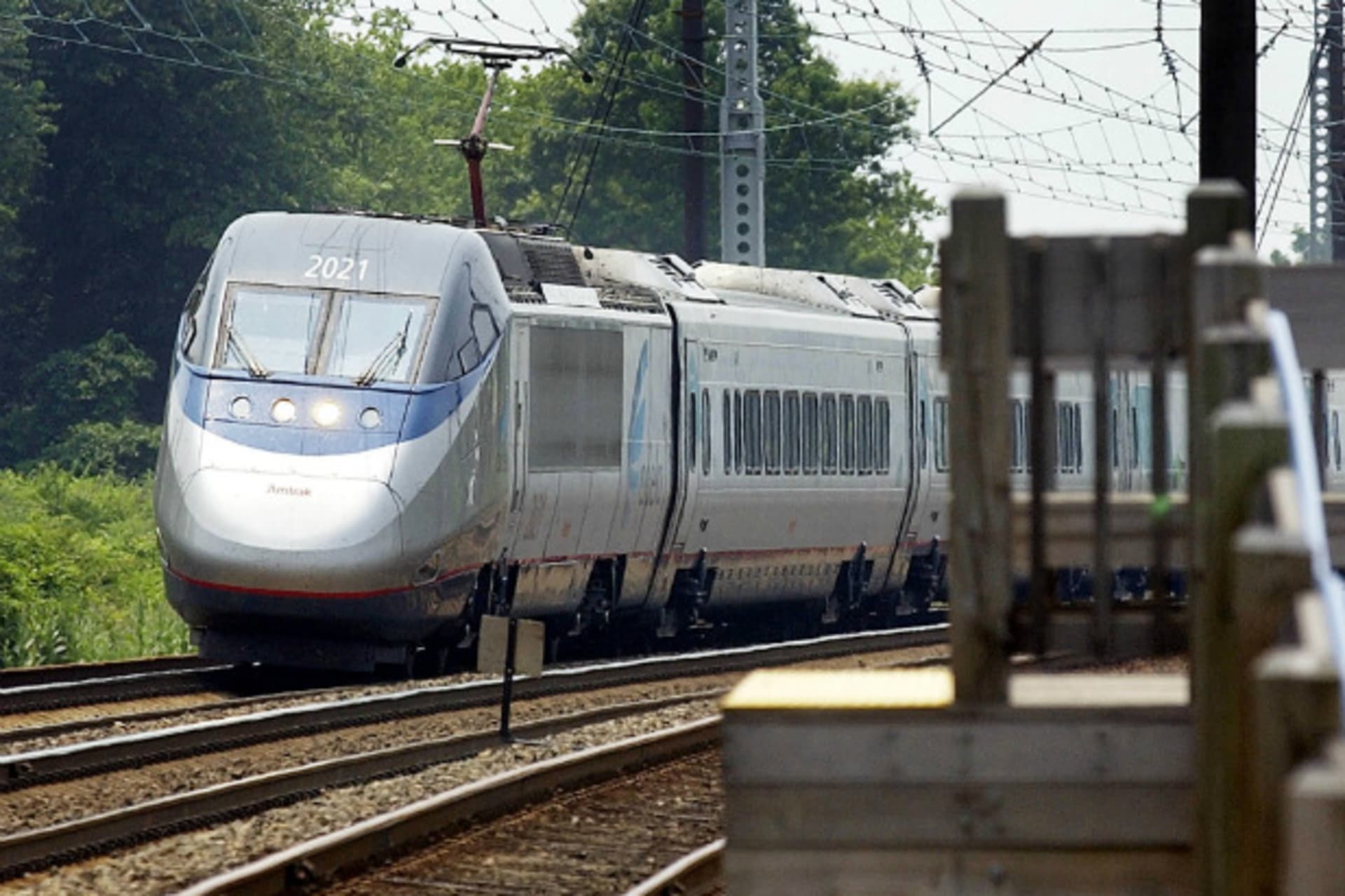 <p>A northbound Amtrak high speed Acela train rolls through the Claymont station near Wilmington, Delaware (Tim Shaffer/Courtesy Reuters).</p>
