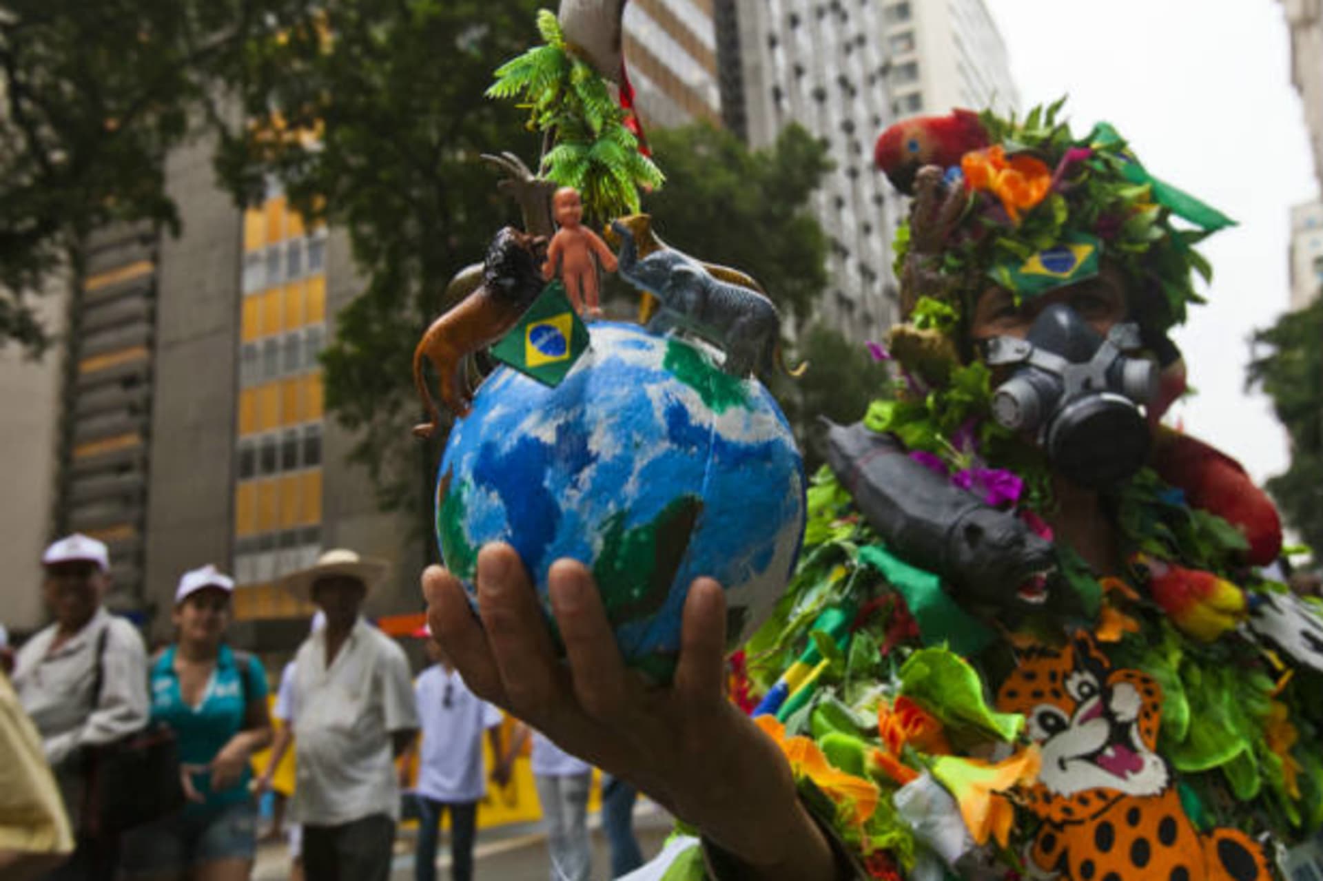 <p>A demonstrator wears a costume that represents the Amazon rainforest during a march at the Rio+20 Conference in Brazil (Courtesy Reuters).</p>
