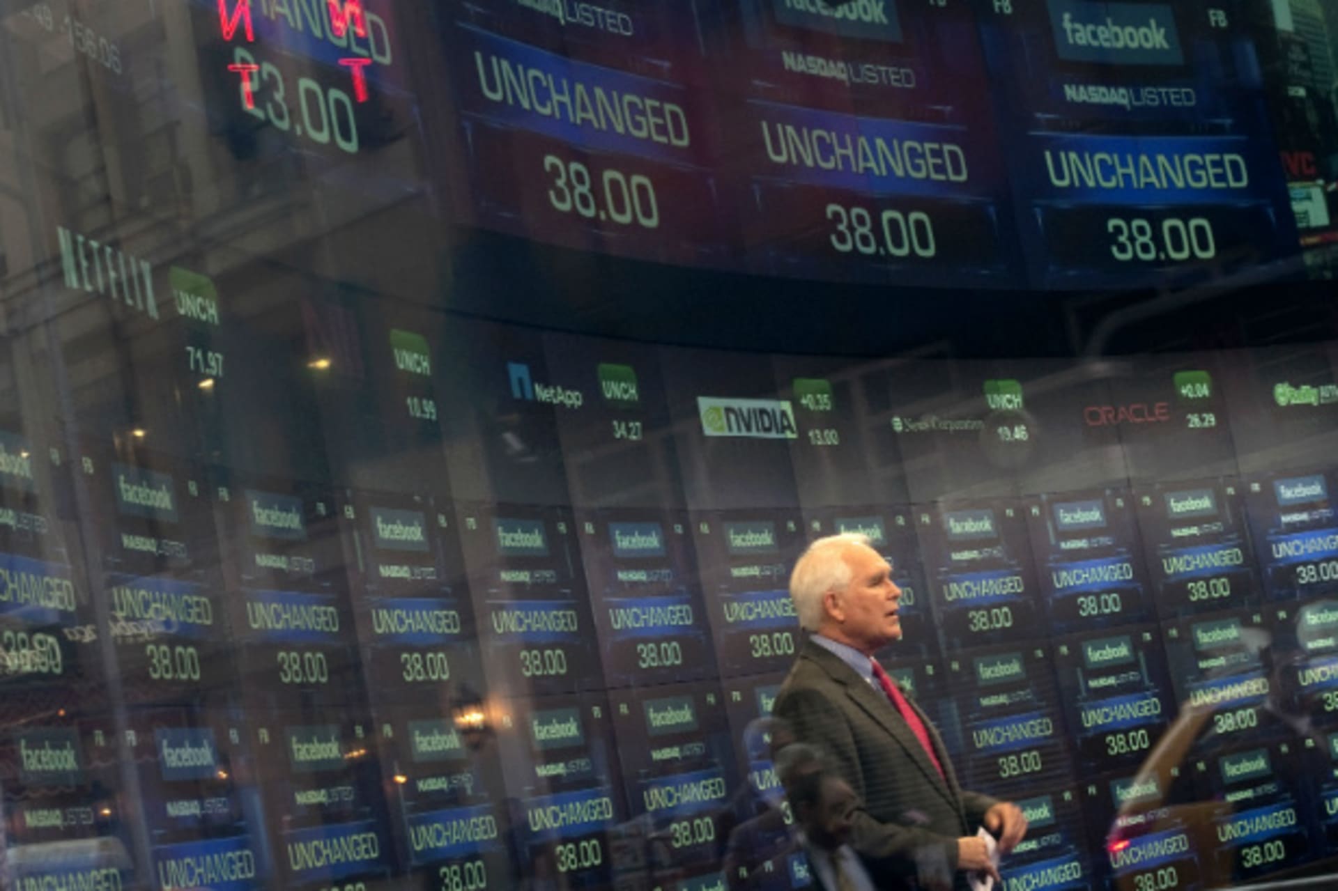 <p>A television reporter talks about the Facebook IPO at the NASDAQ Marketsite in New York prior to the opening of trade on May 17, 2012 (Keith Bedford/Courtesy Reuters).</p>
