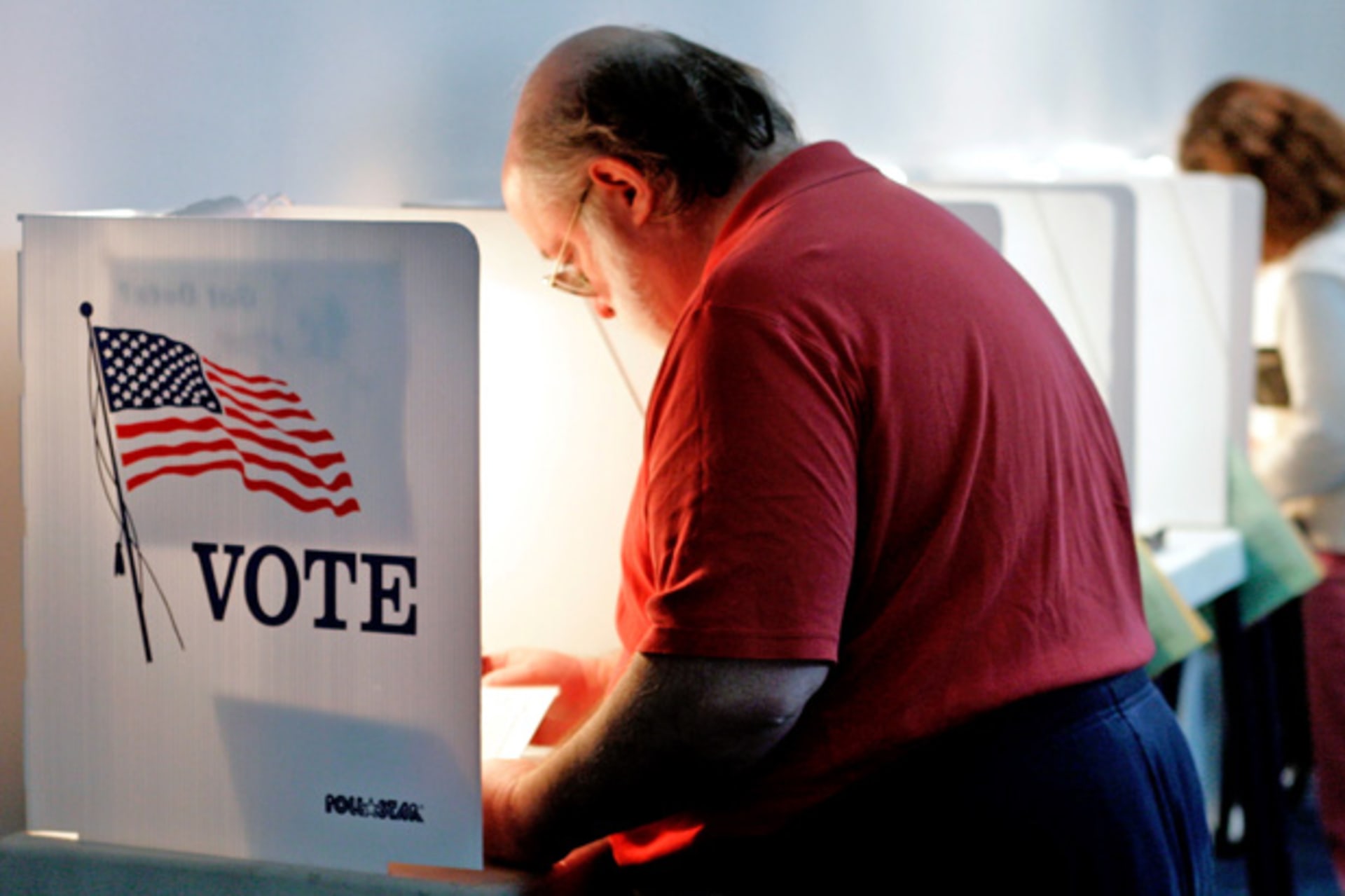 <p>Voters mark their ballots at a polling location in Burbank, California (Fred Prouser/Courtesy Reuters).</p>
