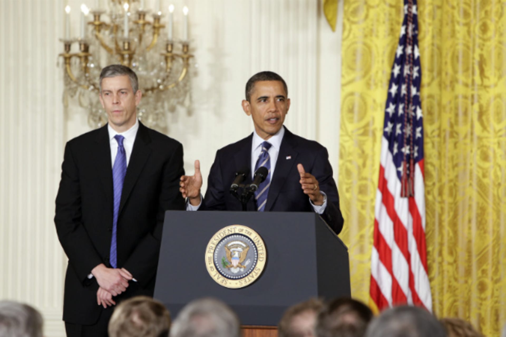 <p>President Barack Obama discusses the first round of NCLB waivers on February 9, 2012 with Secretary of Education Arne Duncan looking on (Yuri Gripas/Courtesy Reuters).</p>
