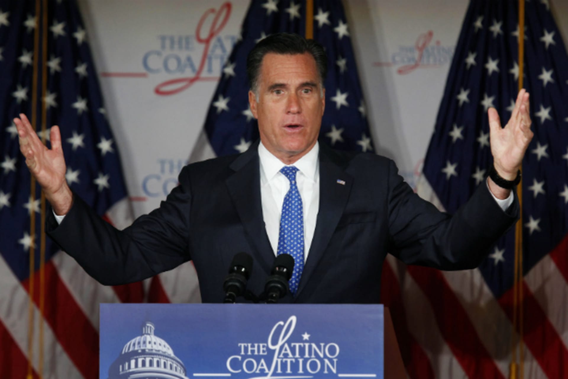 <p>Mitt Romney speaks about his proposals to reform K-12 education by expanding school choice at The Latino Coalition’s Annual Economic Summit on May 23, 2012 (Larry Downing/Courtesy Reuters).</p>
