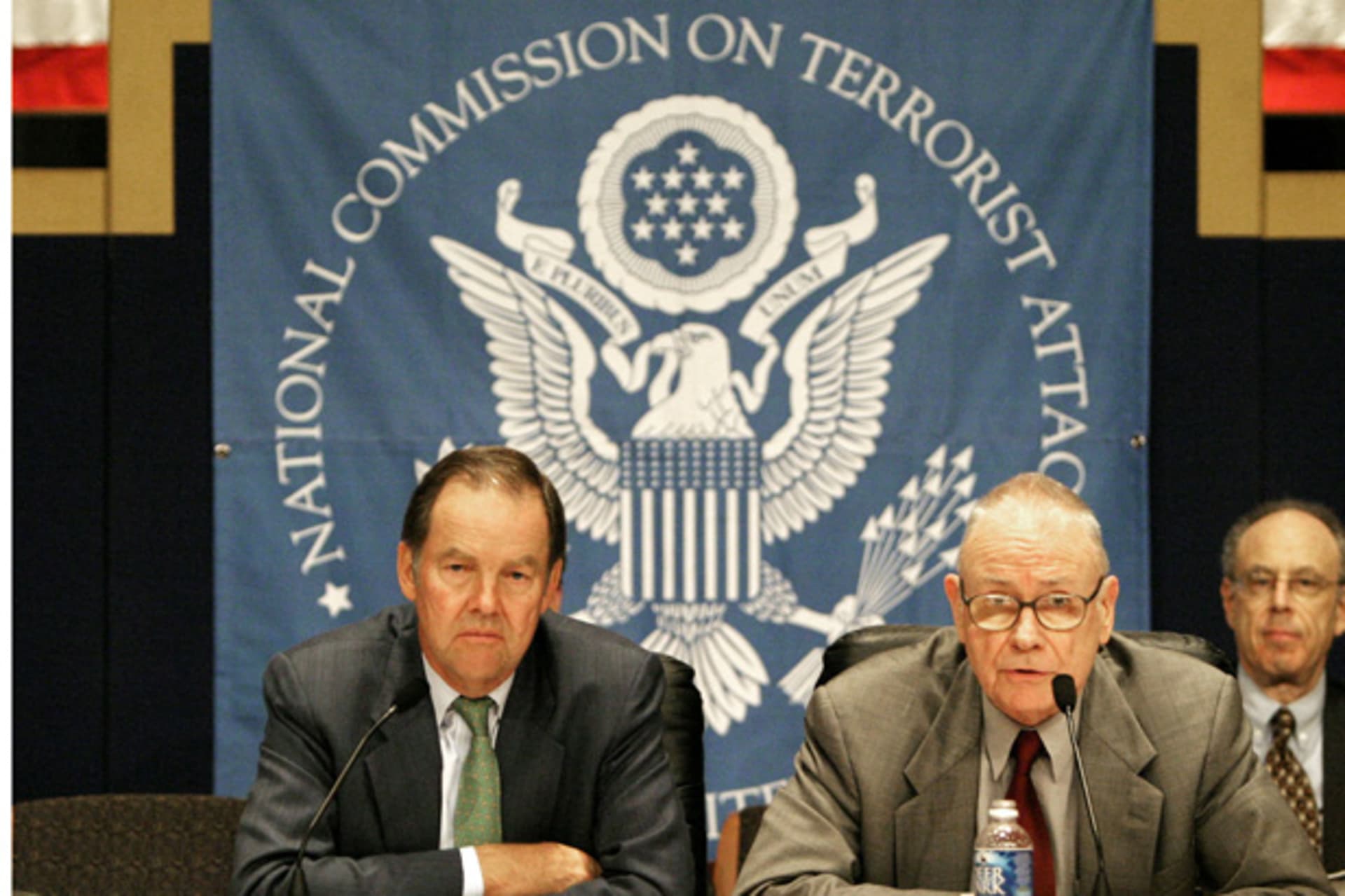 <p>9/11 Commission Chairman Governor Thomas Kean and Vice-Chairman Lee Hamilton at a press conference at the close of the final hearing of the Commission in Washington on June 17, 2004. (Shaun Heasley/Courtesy Reuters)</p>
