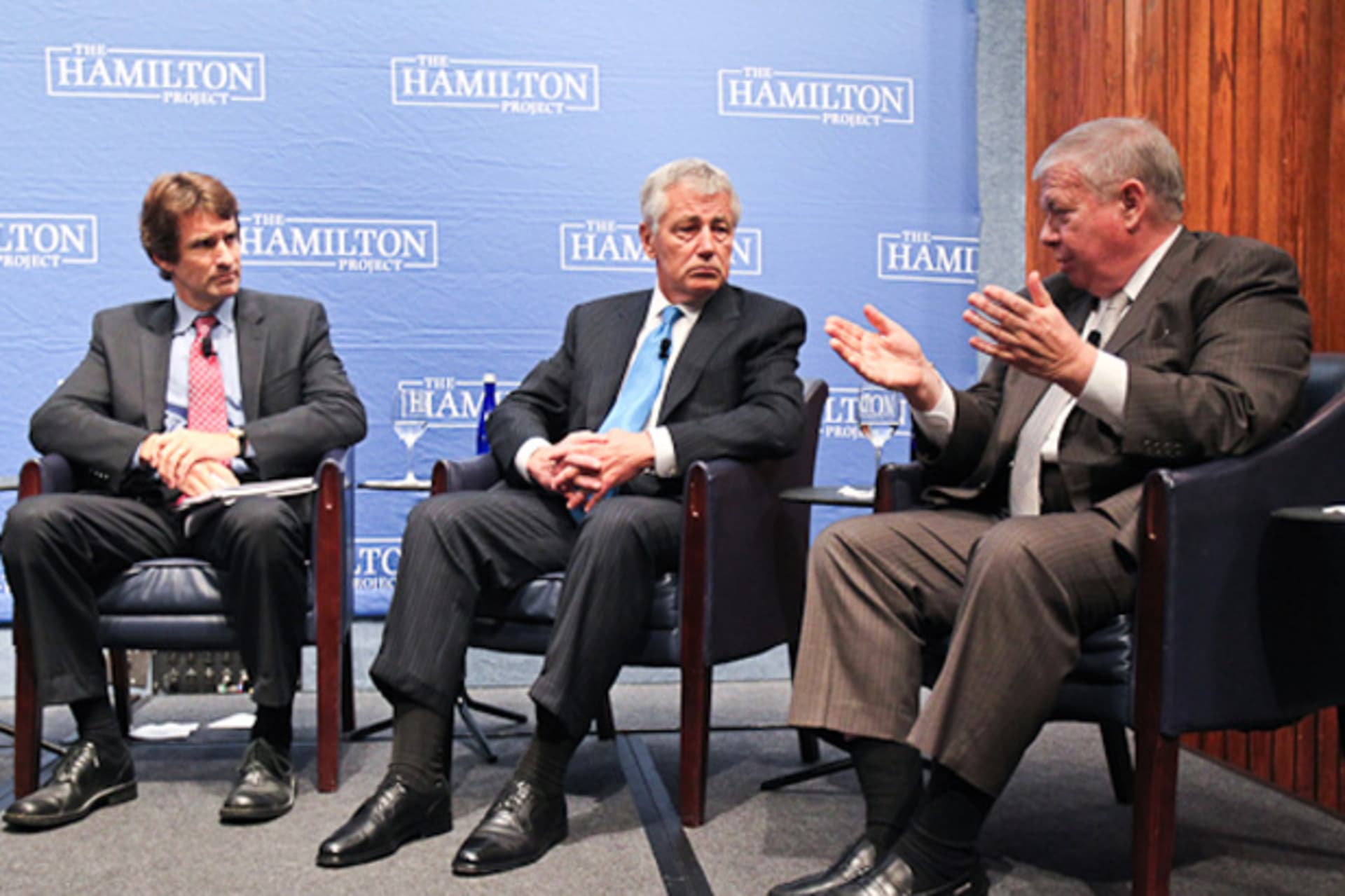<p>CFR’s Edward Alden, former Senator Chuck Hagel, and UNITE HERE President John Wilhelm speak at the Hamilton Project event “U.S…The Border Between Reform and the Economy” at the Brookings Institution on May 15, 2012. (Paul Morigi/Paul Morigi Photography)</p>