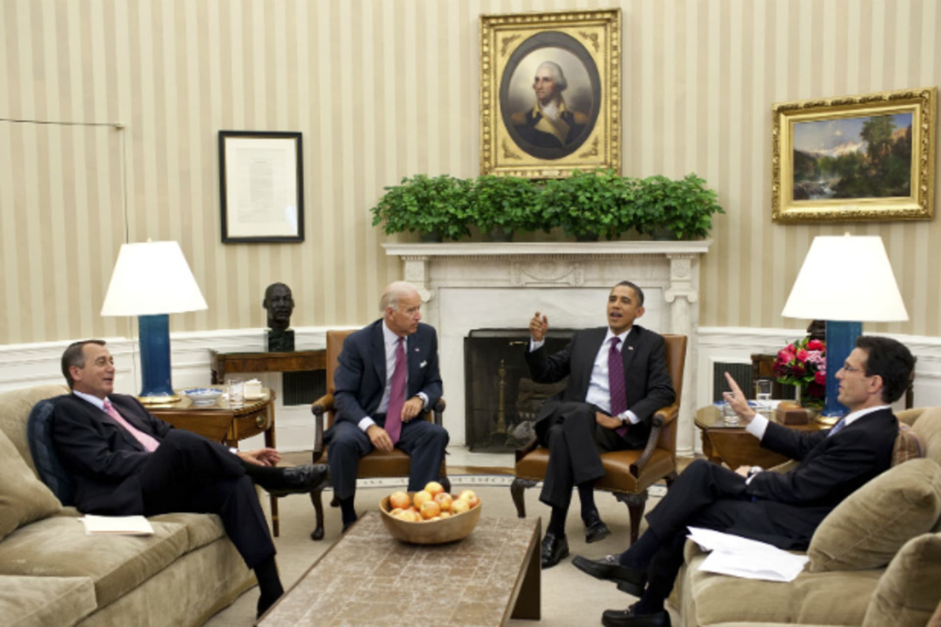 <p>President Obama, Vice President Biden, House Speaker Boehner and House Majority Leader Cantor meet in the Presidential Oval Office on July 20, 2011 to discuss the debt ceiling. (White House Handout/Courtesy Reuters)</p>
