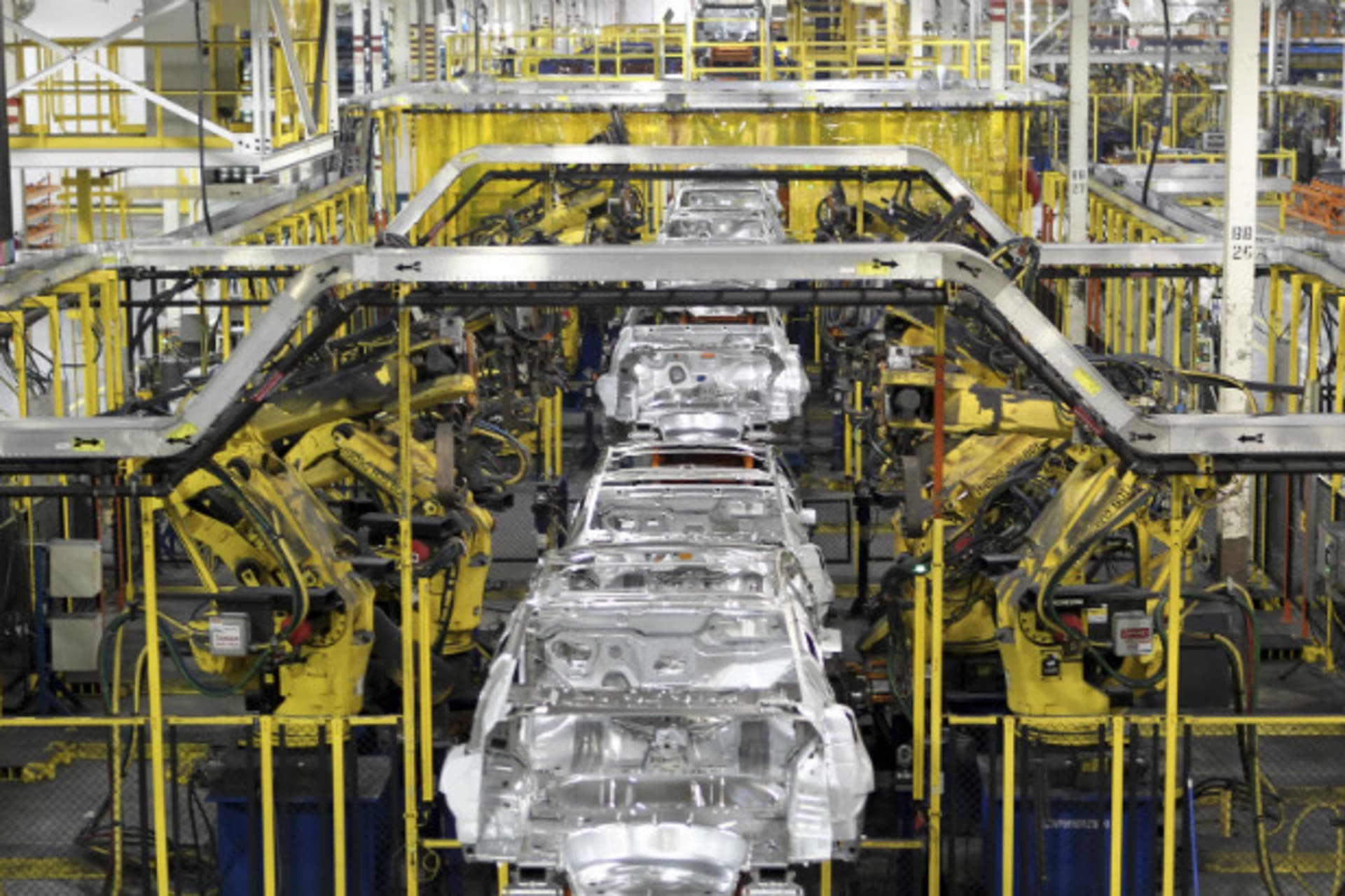 <p>Chevrolet Cruze chassis at GM’s Lordstown, Ohio assembly plant in July, 2011; improved automation allows many assembly plants to produce twice as many cars per employee as only a decade or so ago. (Aaron Josefczyk/Courtesy Reuters)</p>
