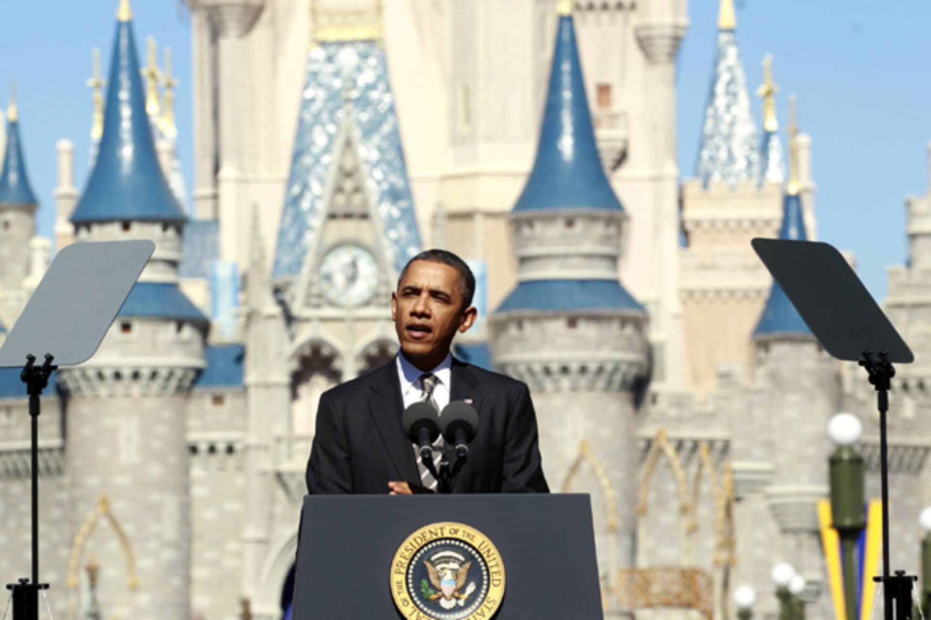 <p>President Obama speaking in front of Cinderella’s Castle at Disney World’s Magic Kingdom on January 19, 2012 (Kevin Lamarque/Courtesy Reuters).</p>
