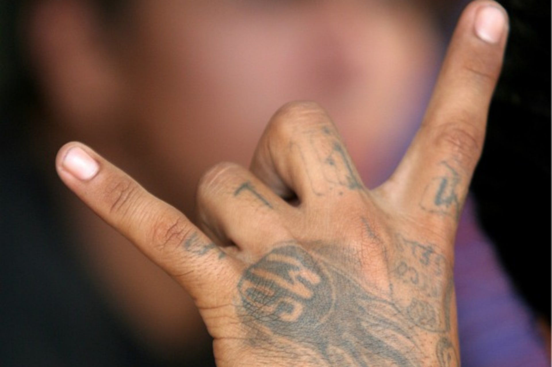 <p>A gang member flashes a gang sign as police parade suspected gang members they arrested in an overnight raid in San Salvador</p>
