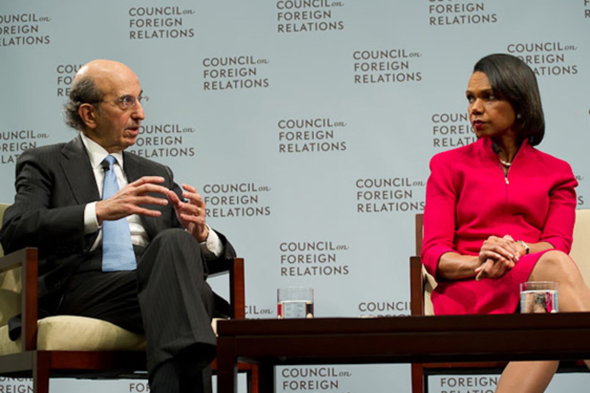 <p>Former New York City Schools Chancellor Joel Klein and Former Secretary of State Condoleeza Rice discuss the CFR Independent Task Force on U.S. Education Reform and National Security (Kaveh Sardari/www.sardari.com/)</p>
