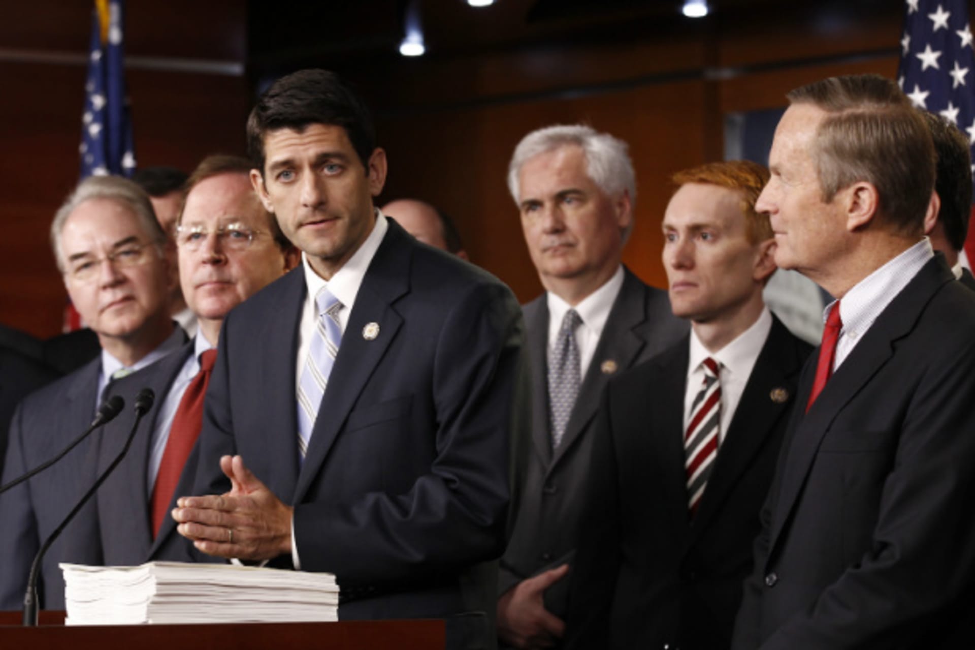 <p>House Budget Committee Chairman Paul Ryan (R-WI) and fellow Republican House members hold a press conference in April of 2011 to introduce their 2012 budget proposal.</p>
