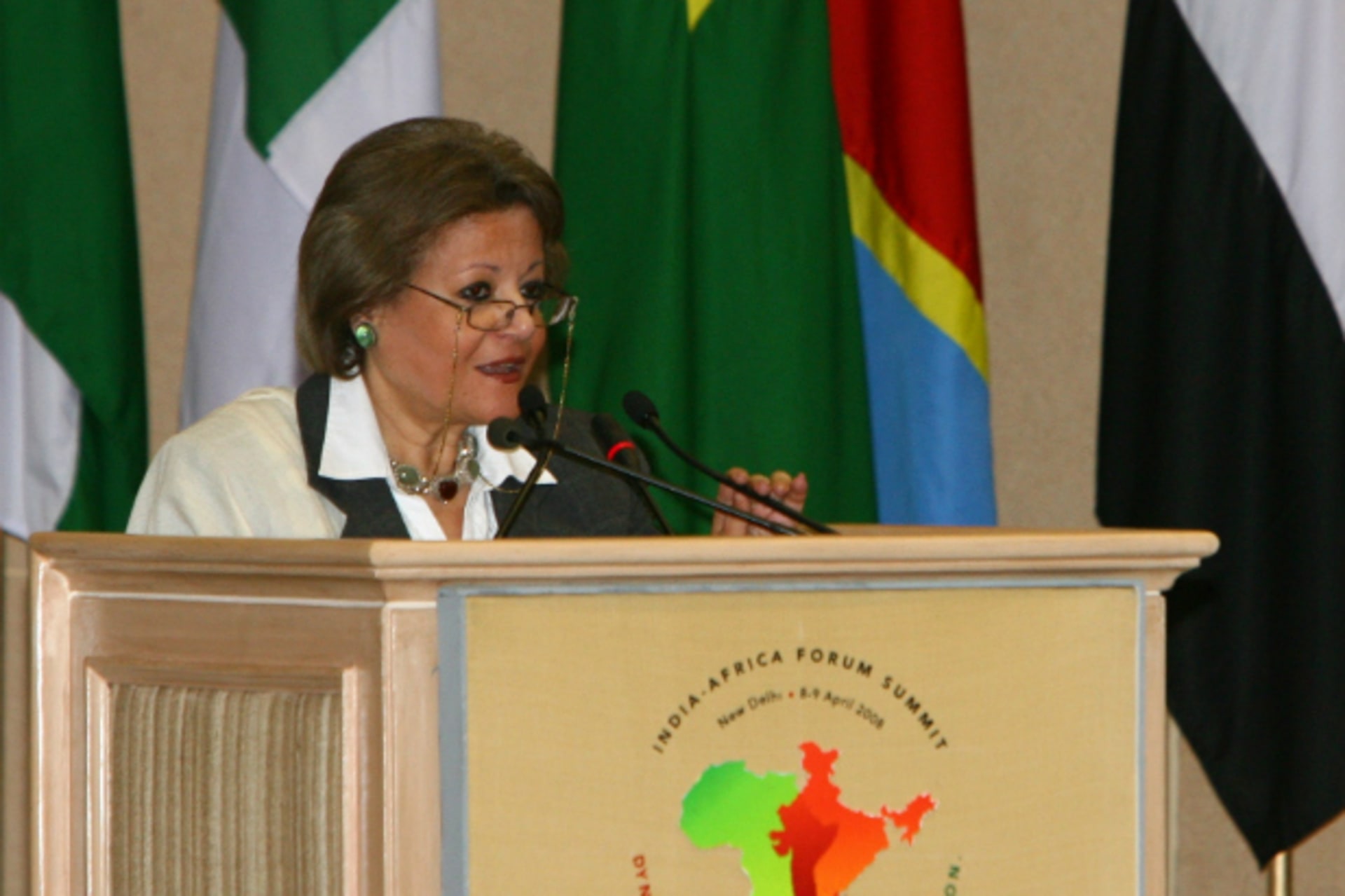 <p>Egypt’s Minister of International Cooperation Fayza Abou El Naga speaks during the “India-Africa Forum Summit 2008” in New Delhi April 9, 2008. (B Mathur/Couresty Reuters)</p>
