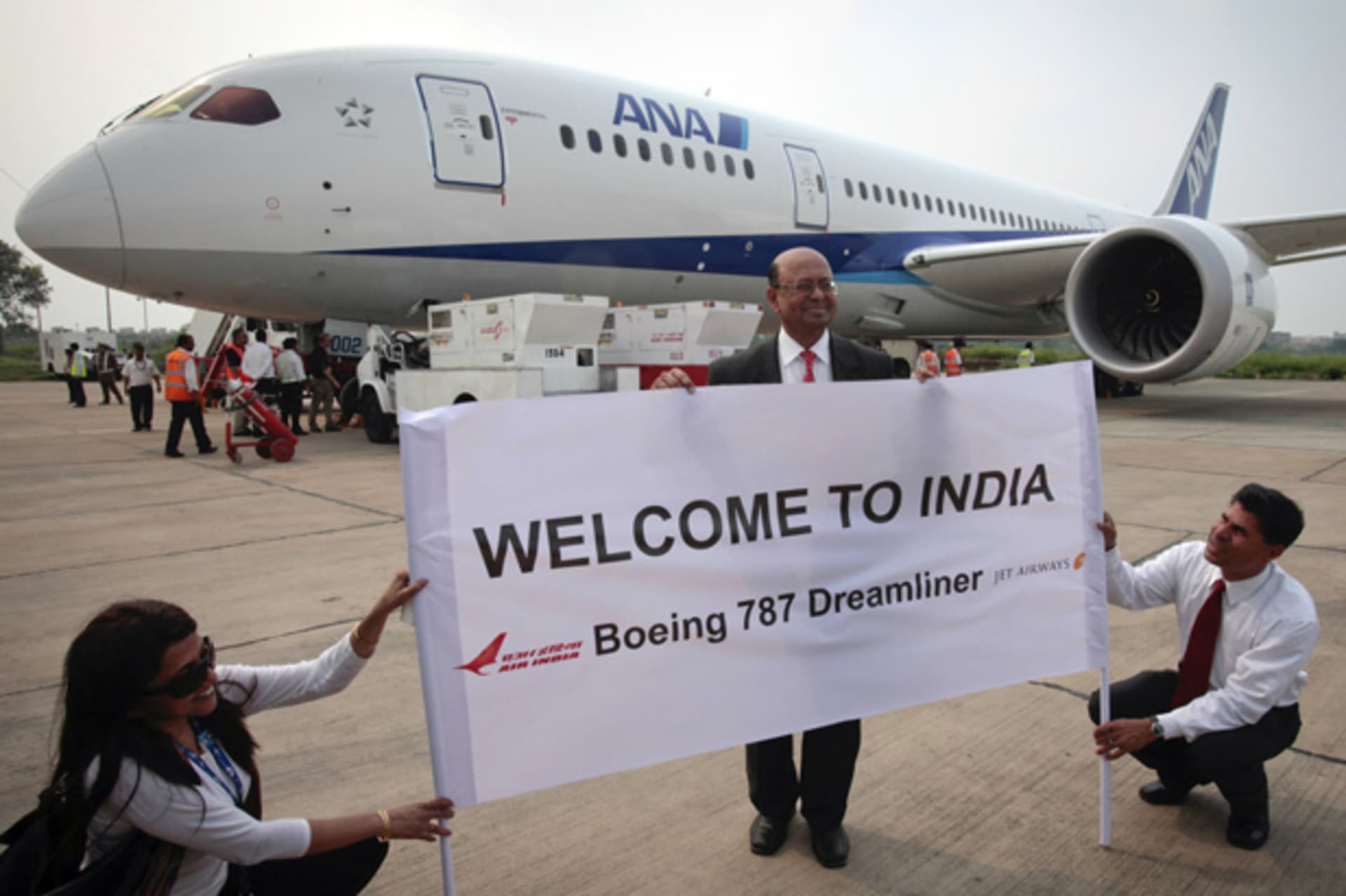 <p>The president of Boeing India poses in front of the Boeing 787 Dreamliner aircraft for All Nippon Airways (ANA) after its India debut landing in New Delhi in July 2011 (B Mathur/Courtesy Reuters).</p>
