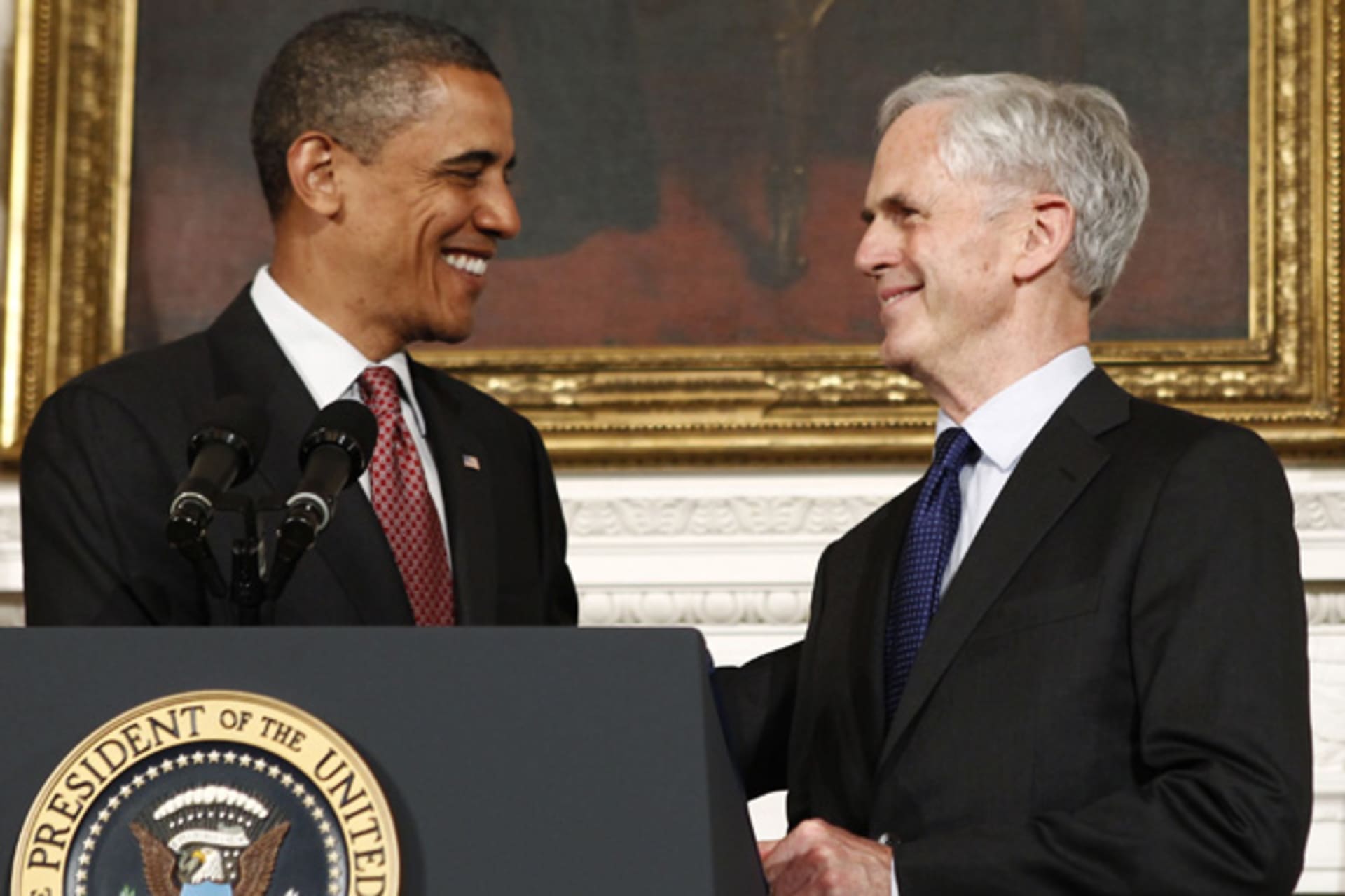 <p>President Barack Obama shakes hands with incoming U.S. Commerce Secretary John Bryson at the White House on May 31, 2011 (Kevin Lamarque/Courtesy Reuters).</p>
