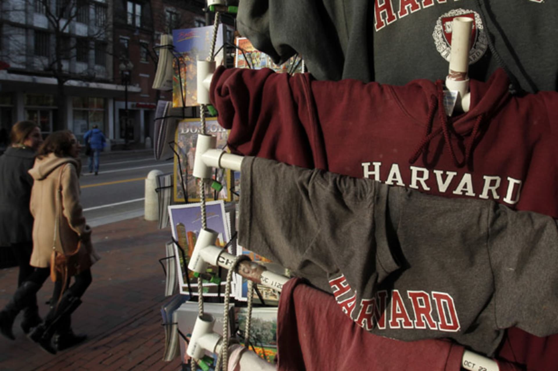 <p>Harvard University t-shirts on display in Harvard Square in Cambridge (Jessica Rinaldi/ Courtesy Reuters).</p>