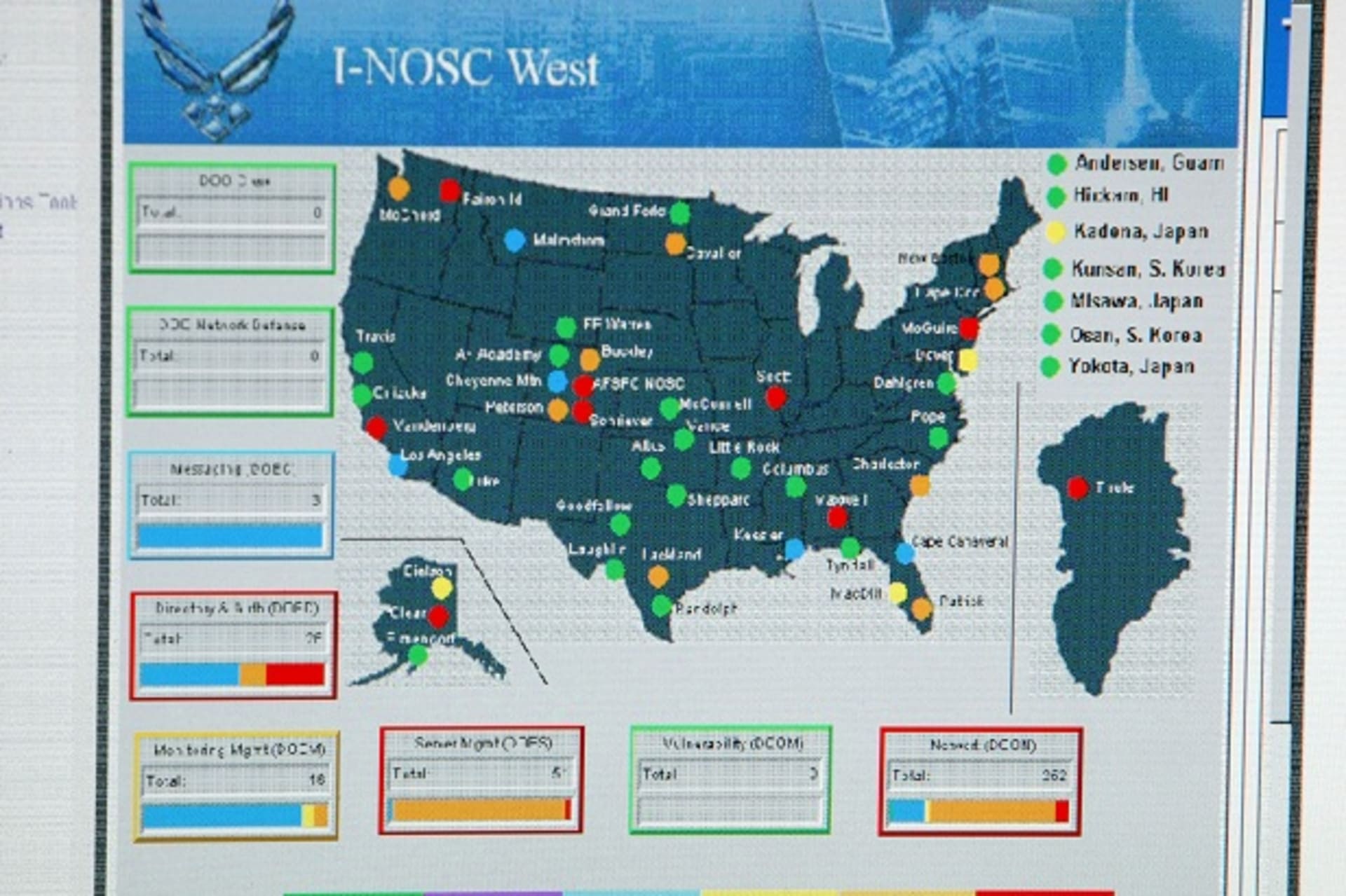 A map is displayed on one of the screens at the Air Force Space Command Network Operations & Security Center at Peterson Air Force Base in Colorado Springs
