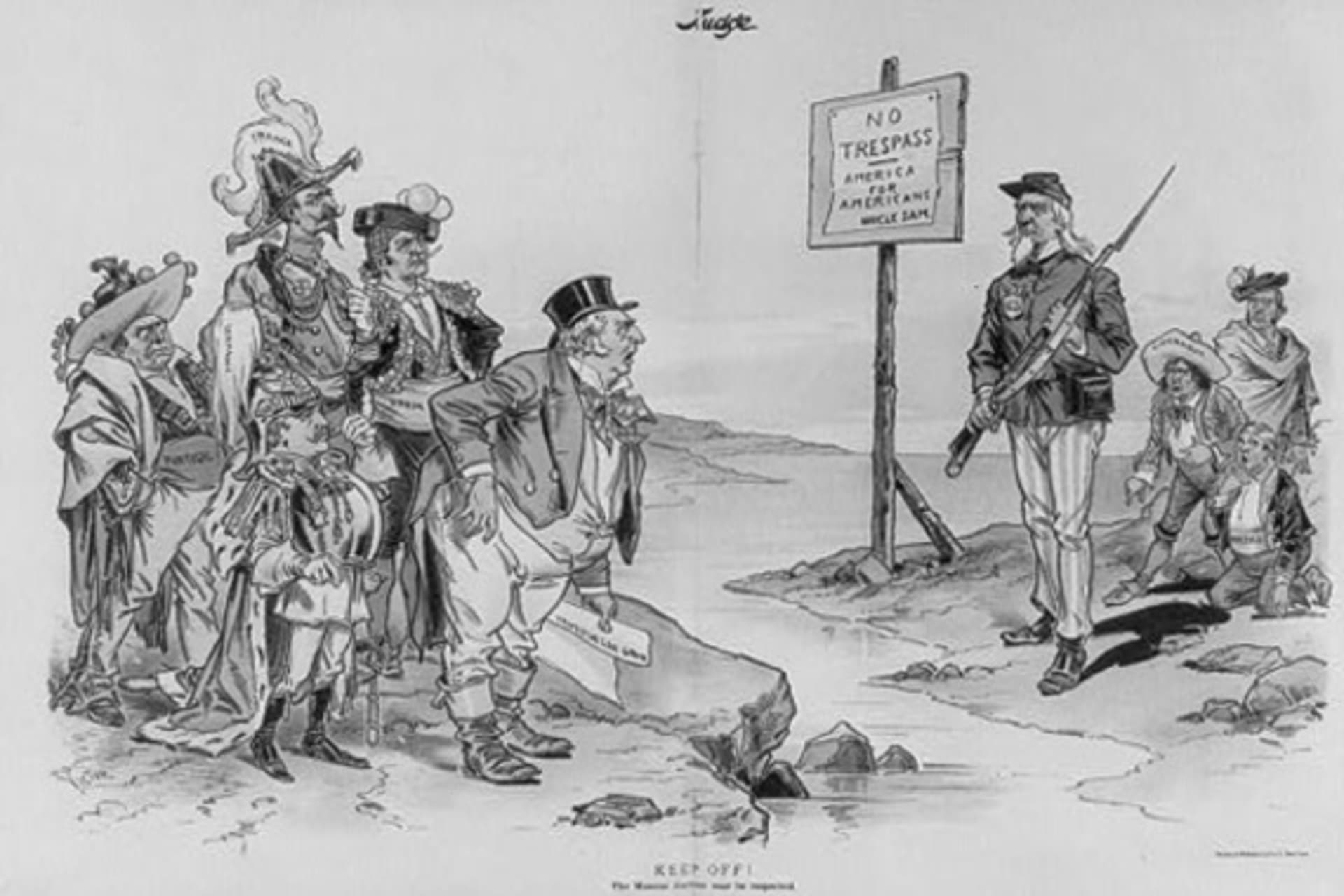 <p>Political cartoon depicting the Monroe Doctrine </p>
