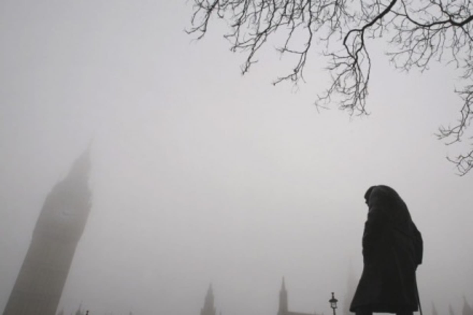 <p>A statue of Winston Churchill stands outside the Houses of Parliament in London.</p>
