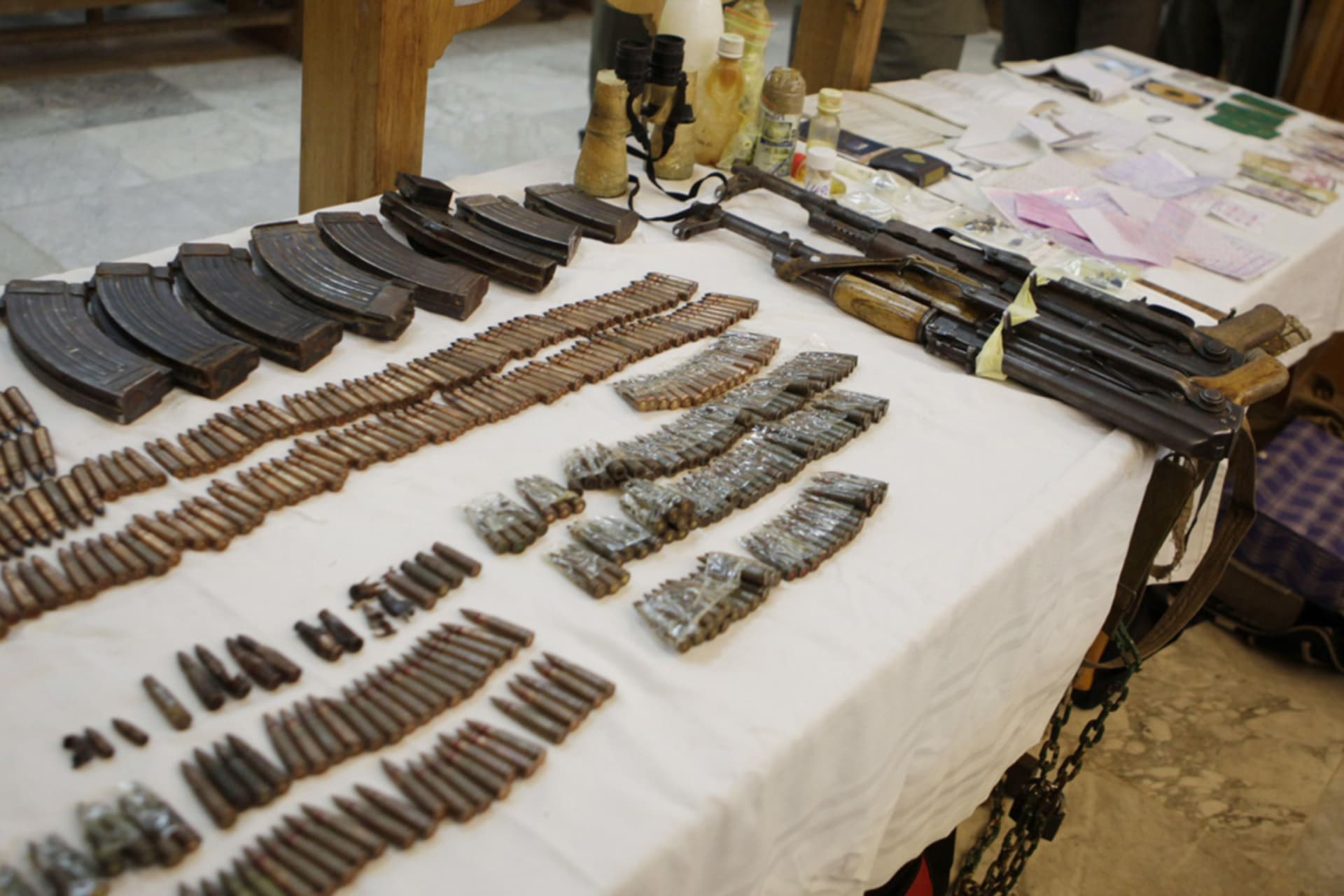 <p>Evidence is displayed during a hearing in Tunis for suspected members of al-Qaeda in the Islamic Maghreb.</p>
