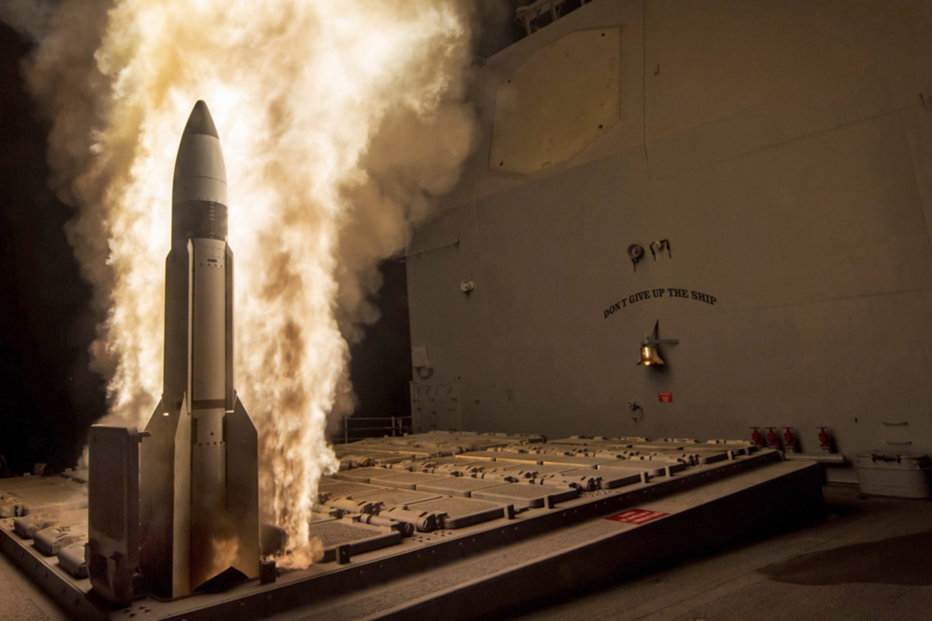 <p>An SM-3 Block 1B interceptor is launched from guided-missile cruiser USS Lake Erie, October 2013.</p>
