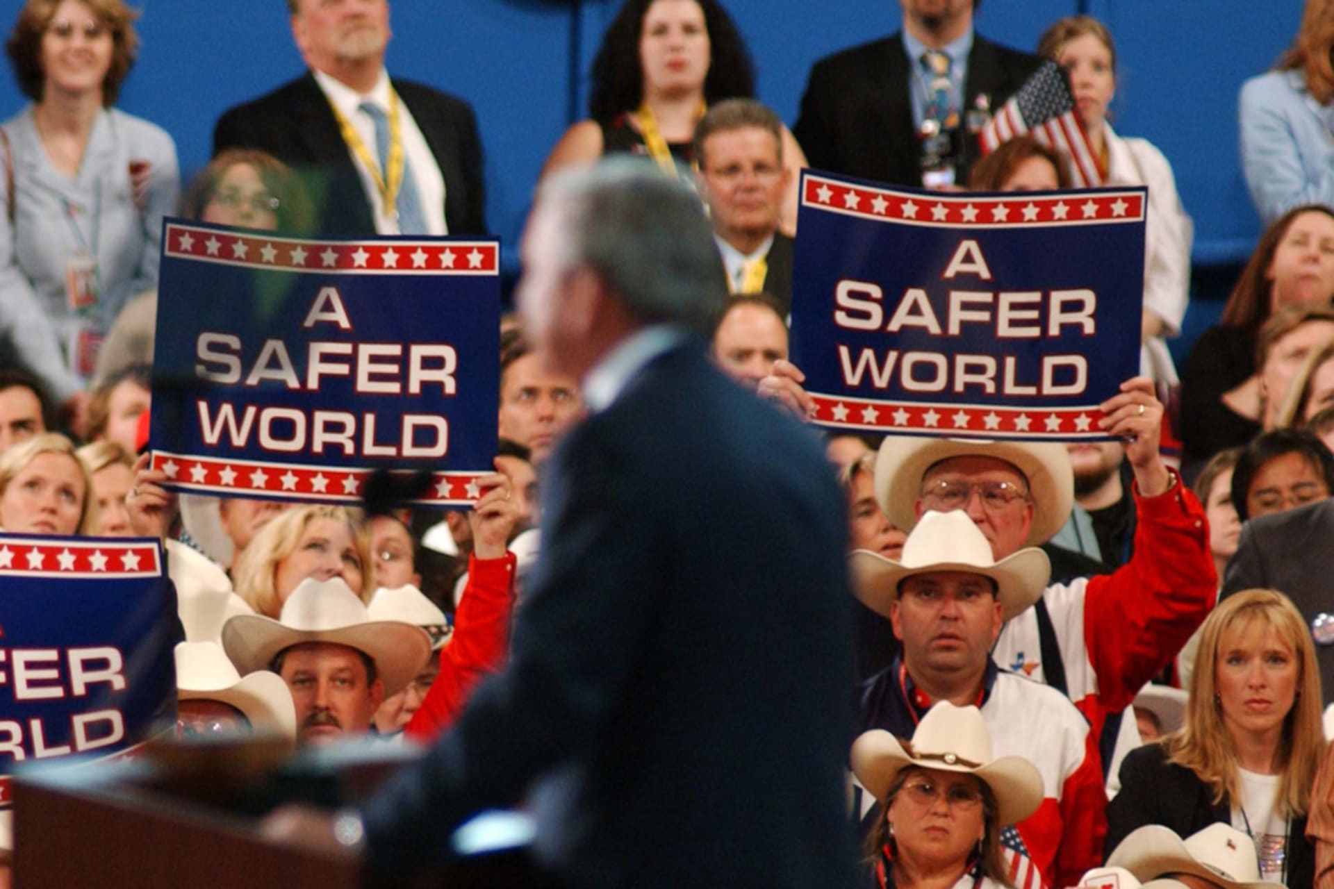 <p>President George W. Bush addresses delegates at the Republican National Convention in New York City, September 2004.</p>