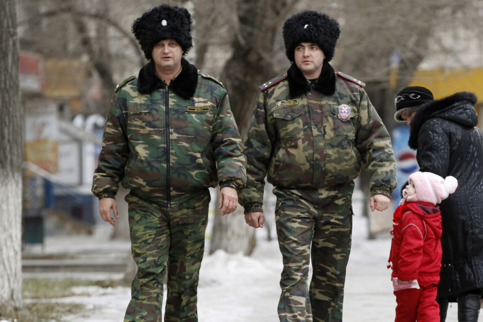 <p>Russian cossacks patrol in central Volgograd.</p>
