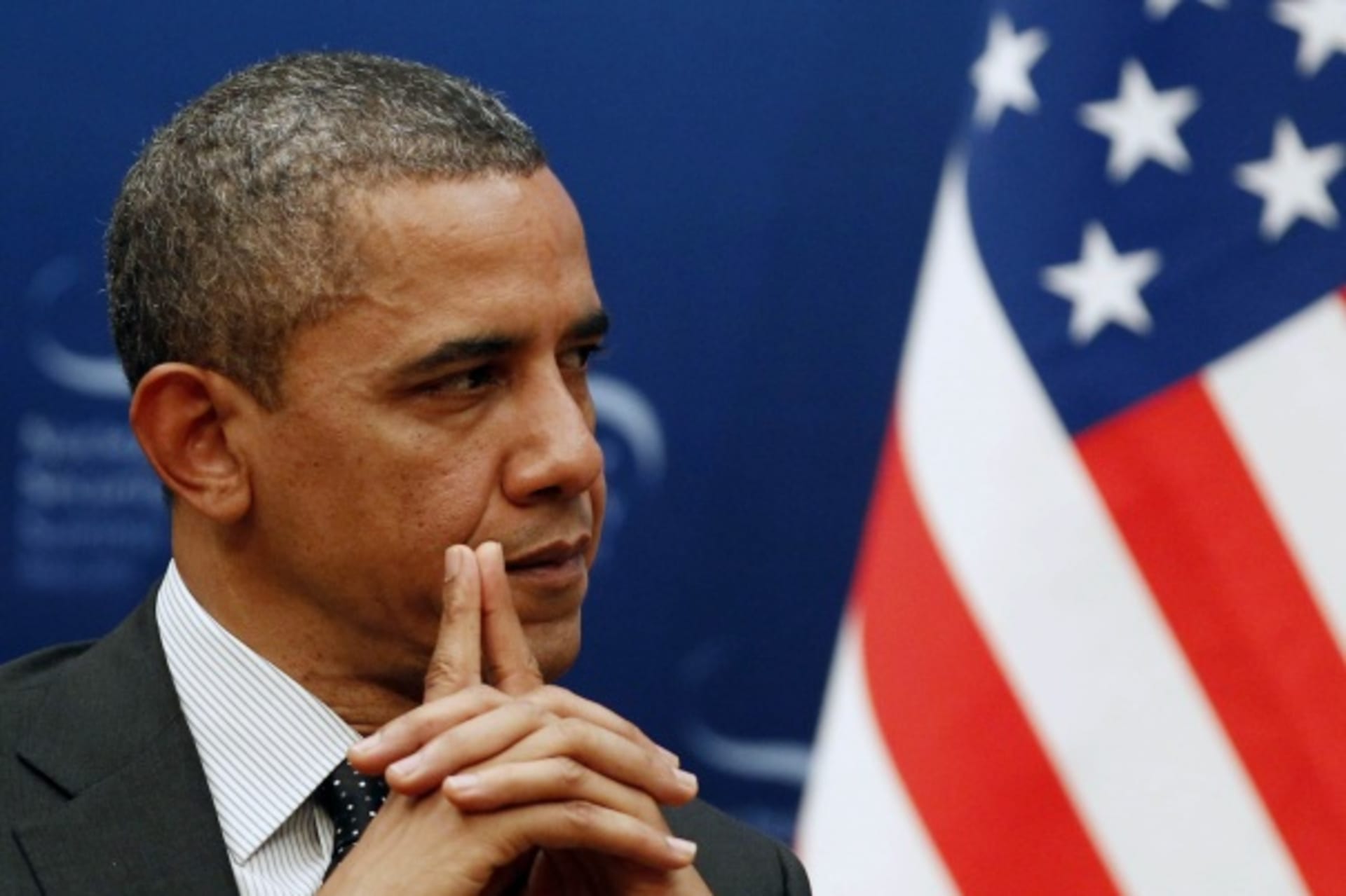 <p>U.S. President Obama during a meeting with Russian President Dmitry Medvedev before the 2012 Nuclear Security Summit in Seoul, South Korea (Courtesy Reuters/Larry Downing).</p>
