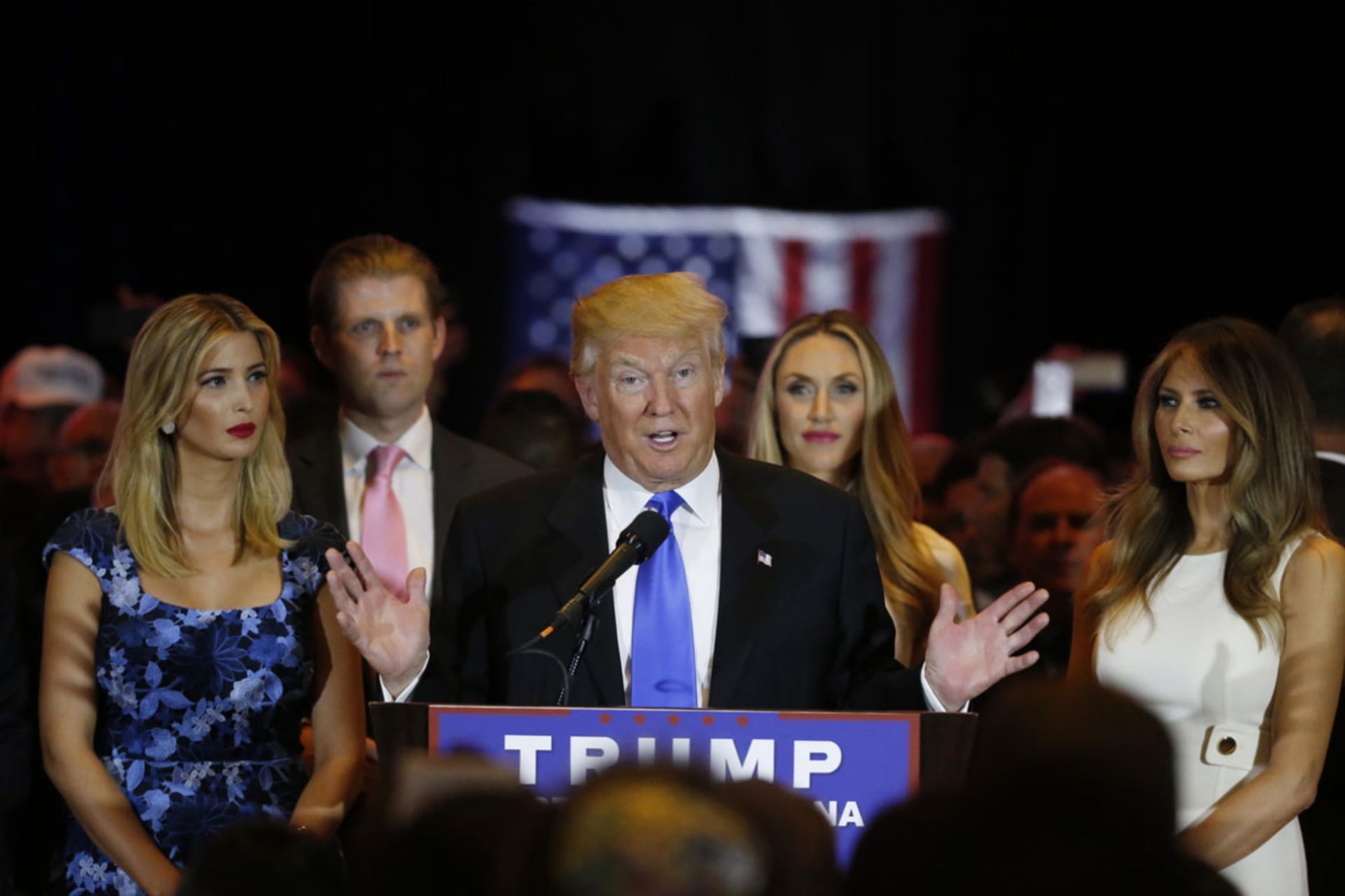 <p>Donald Trump speaks during a campaign victory party</p>
