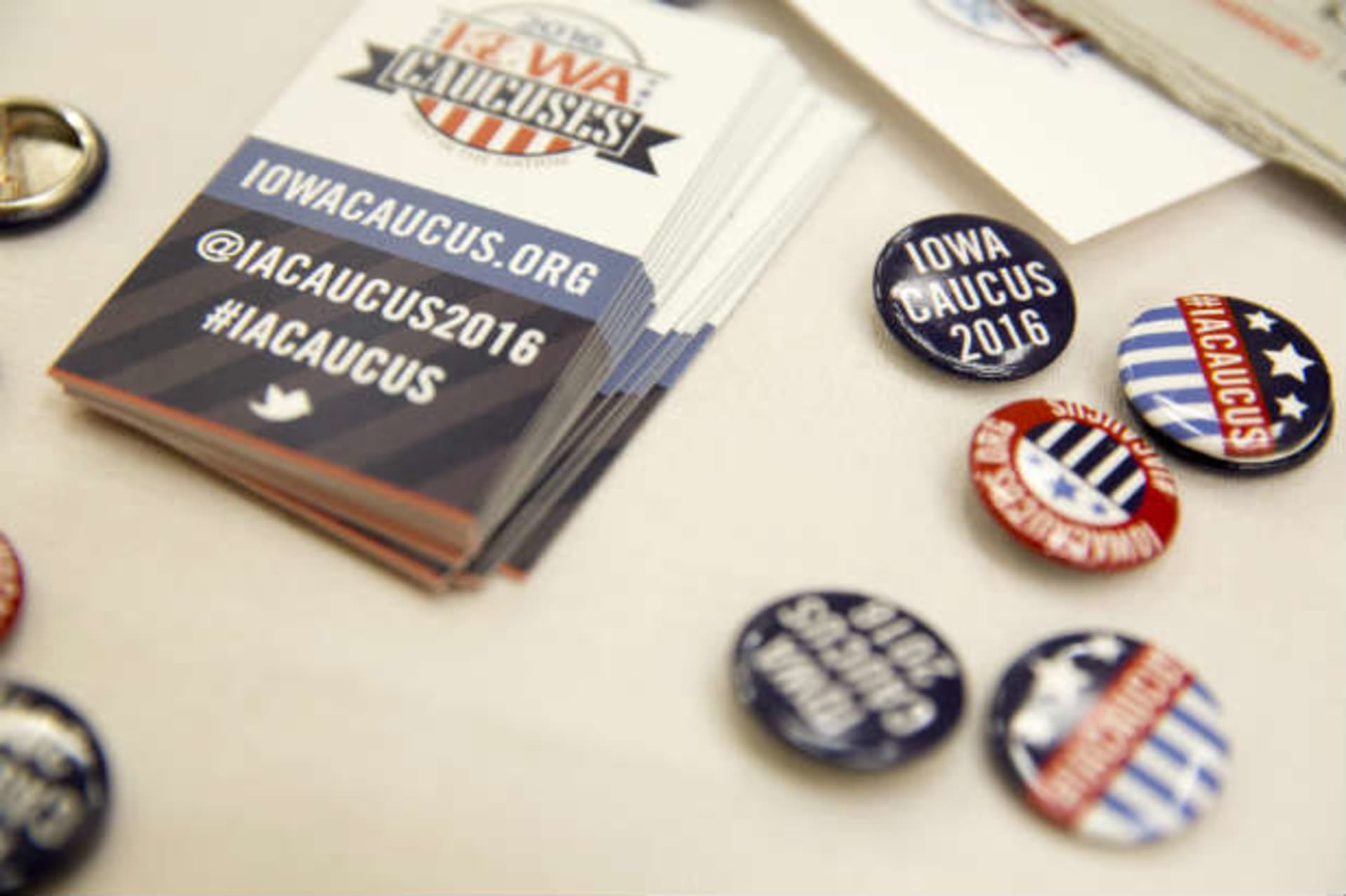 <p>Buttons for visitors at the Greater Des Moines Partnership Iowa Caucus Consortium candidate forum. (Scott Morgan/Reuters)</p>

