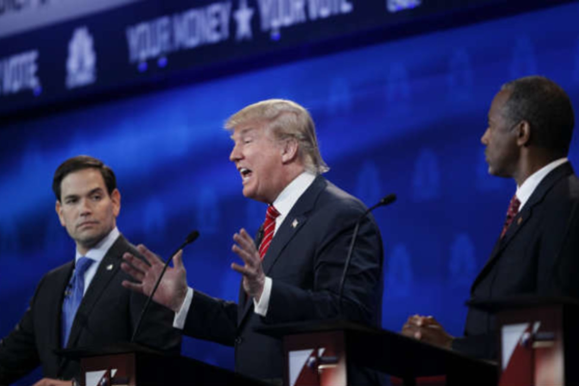 <p>Presidential candidates Donald Trump, Marco Rubio, and Ben Carson at the Republican presidential debate on October 28, 2015. (REUTERS/Rick Wilking)</p>
