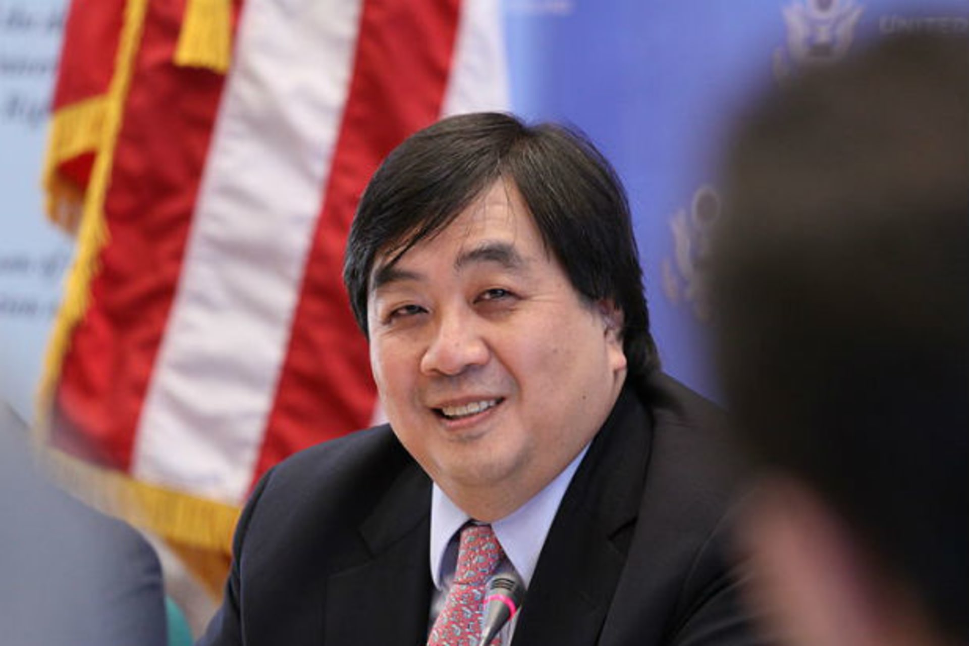 <p>Harold Hongju Koh, Legal Advisor, U.S. Department of State, speaking at a press conference at the U.S. Mission to the United Nations in Geneva. (Eric Bridiers/Courtesy U.S. Mission to the UN)</p>
