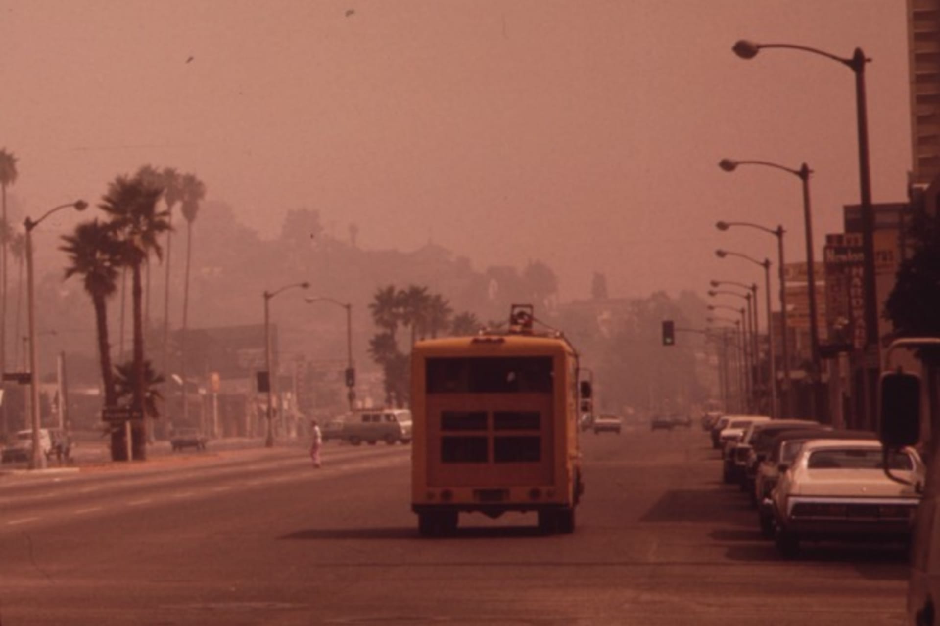 <p>A van carrying air sampling equipment drives through Los Angeles as part of the Los Angeles Reactive Pollutant Program in September 1973. (Gene Daniels/NARA/Wikimedia Commons)</p>

