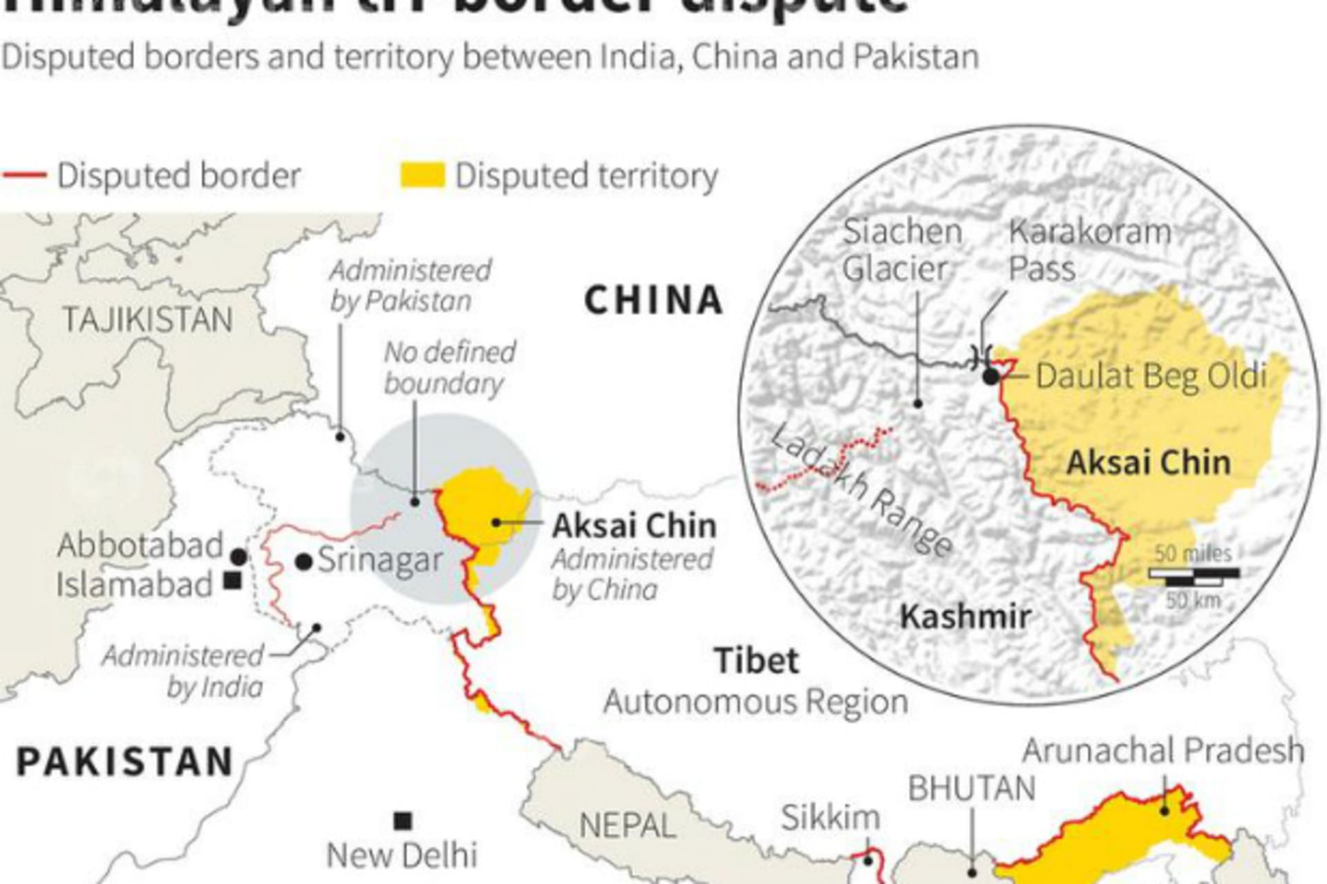 <p>Map of the Himalayas locating disputed borders and territory between China and India (Courtesy: Reuters).</p>
