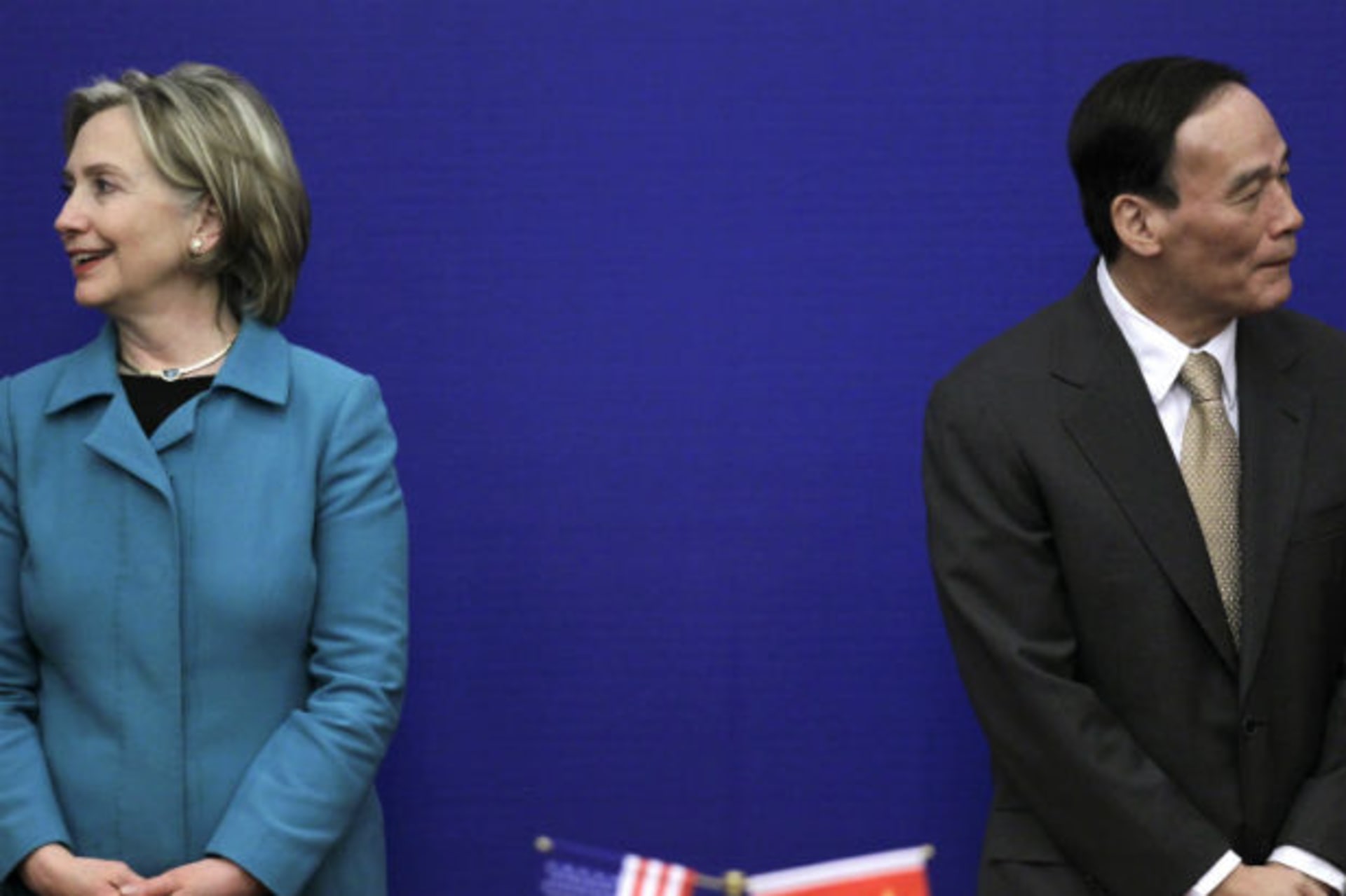 <p>U.S. Secretary of State Hillary Clinton and China’s Vice Premier Wang Qishan attend a joint news conference for the U.S.-China Strategic Economic Dialogue at the Great Hall of the People in Beijing on May 25, 2010. (Jason Lee/Courtesy Reuters)</p>
