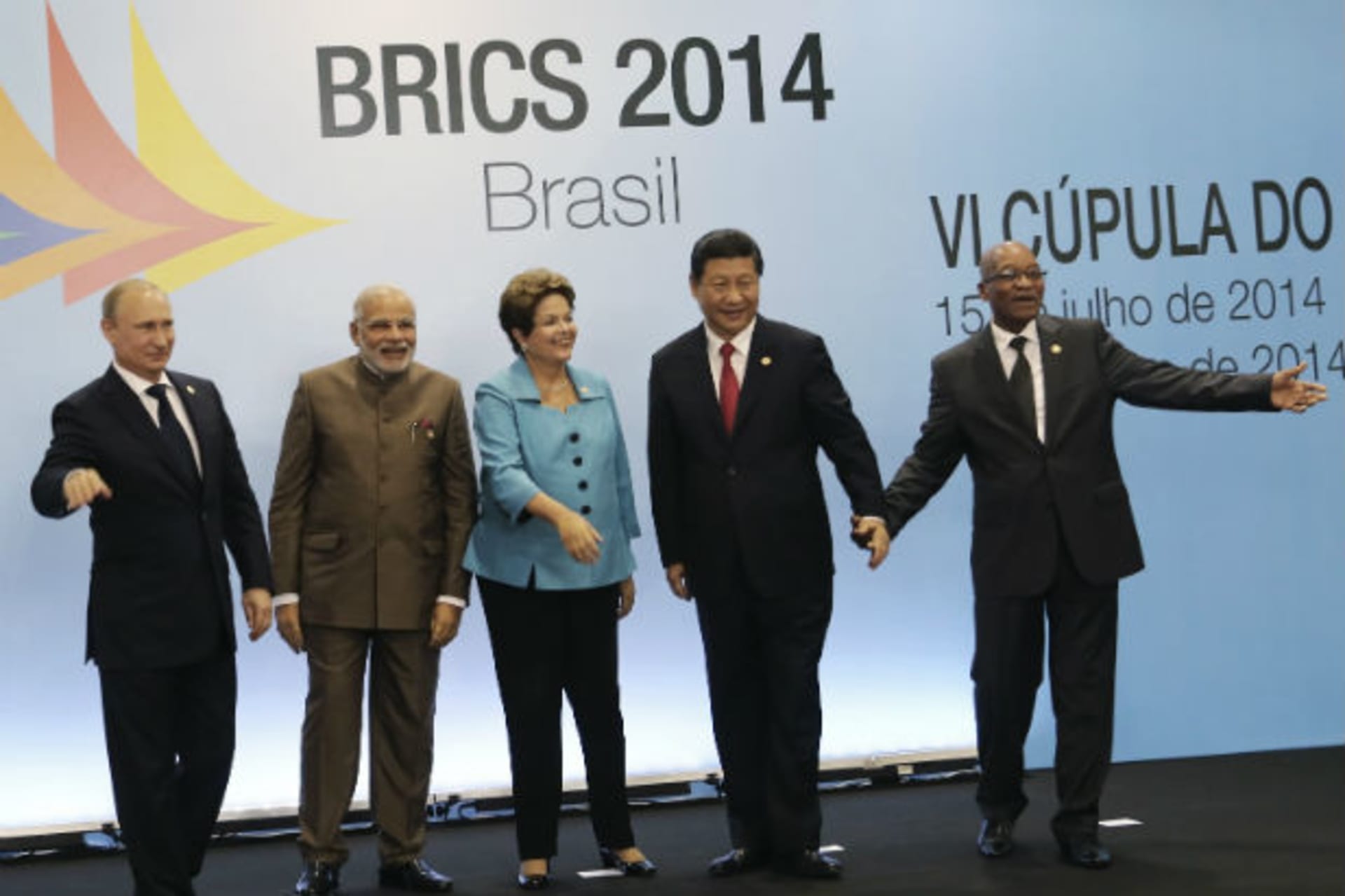 <p>Leaders of the BRICS countries—Russian President Vladimir Putin, Indian Prime Minister Narendra Modi, Brazilian President Di…dent Xi Jinping, and South African President Jacob Zuma—pose during the BRICS summit in Fortaleza, Brazil, on July 15, 2014.</p>
