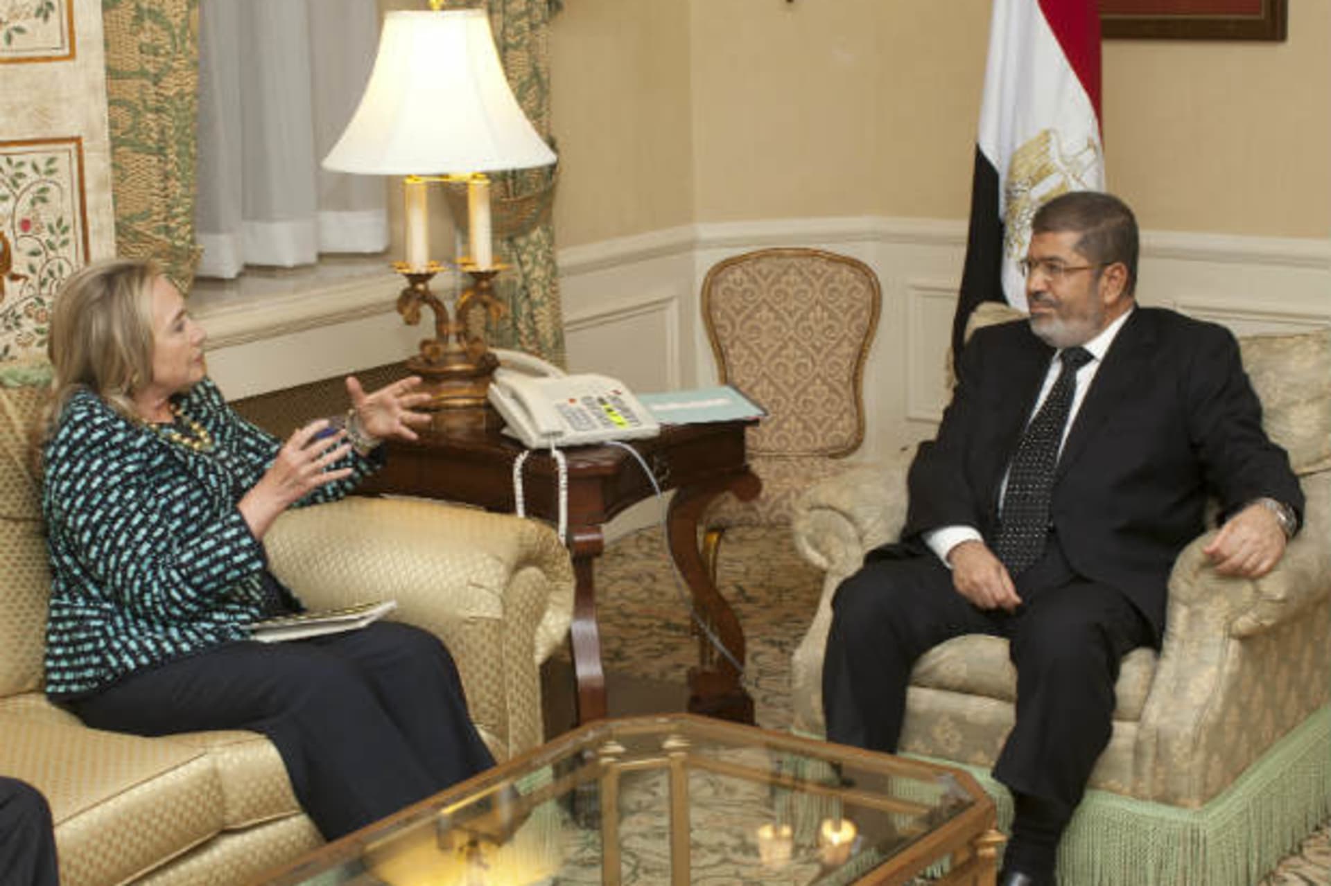 U.S. secretary of state Clinton meets with Egyptian president Morsi on the sidelines of the U.N. General Assembly in New York on September 24, 2012 (Kelly/Courtesy Reuters).