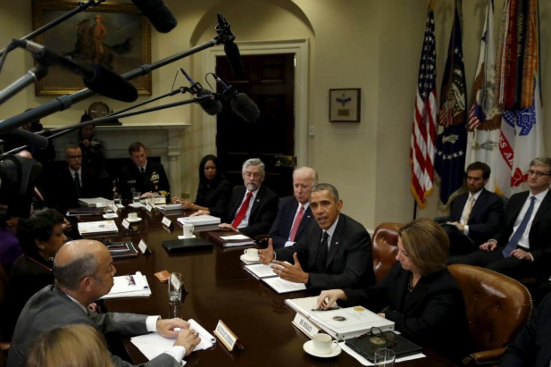 <p>U.S. President Barack Obama speaks during a meeting with members of his national security team and cybersecurity advisors on new actions to enhance the nation’s cybersecurity at the White House, February 9, 2016. (Kevin Lamarque/Reuters)</p>

