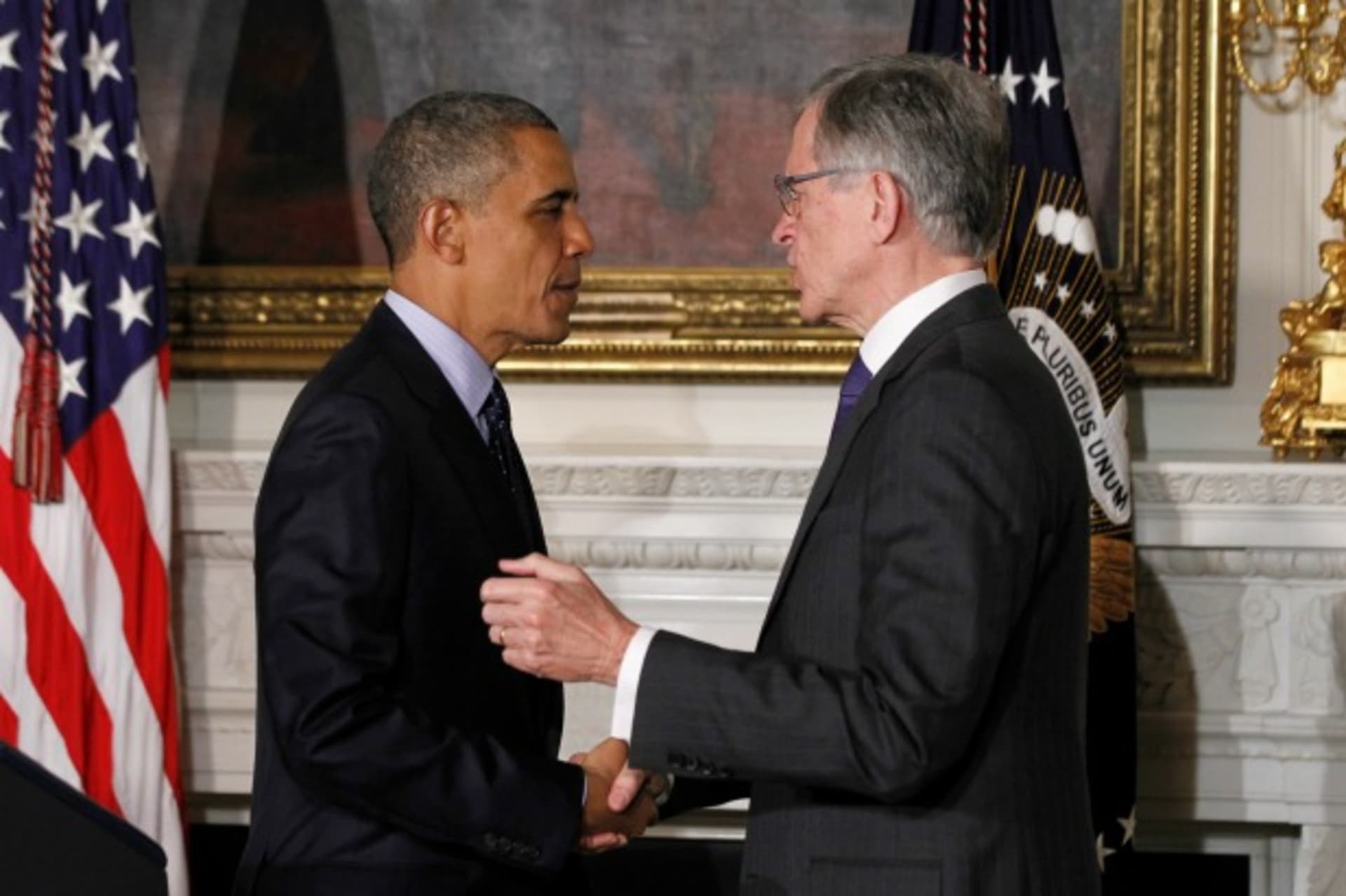 <p>U.S. President Barack Obama announces venture capitalist Tom Wheeler (R) to head the Federal Communication Commission (FCC) at the State Dining Room of the White House in Washington, on May 1, 2013. (Jason Reed/Courtesy Reuters)</p>
