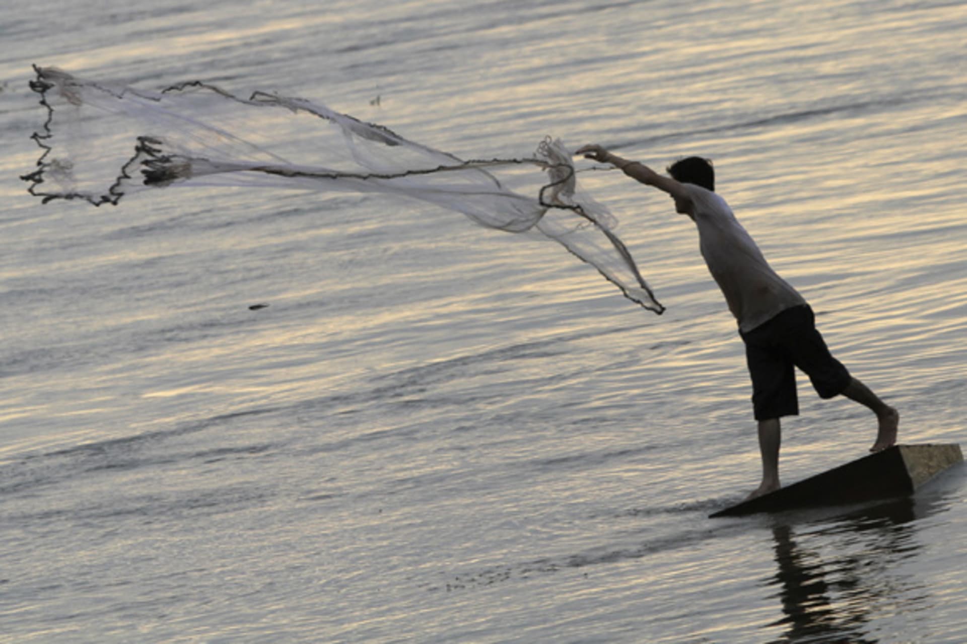 <p>A man casts a fishing net on the banks of the Mekong river.</p>
