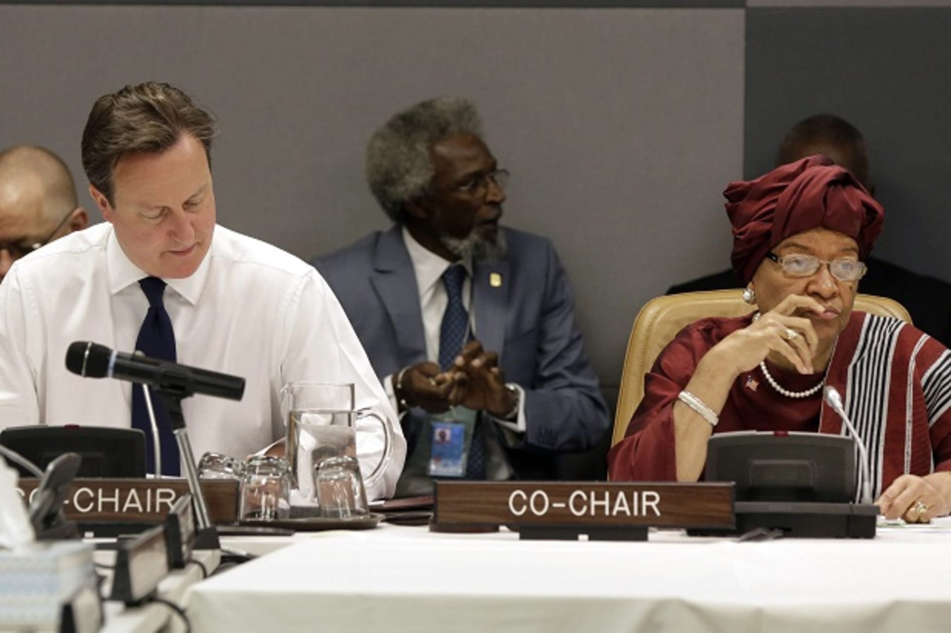 British Prime Minister David Cameron and Liberia's President Ellen Johnson Sirleaf prepare for the second day of the meeting of the High Level Panel on the Post-2015 Development Agenda at United Nations headquarters in New York