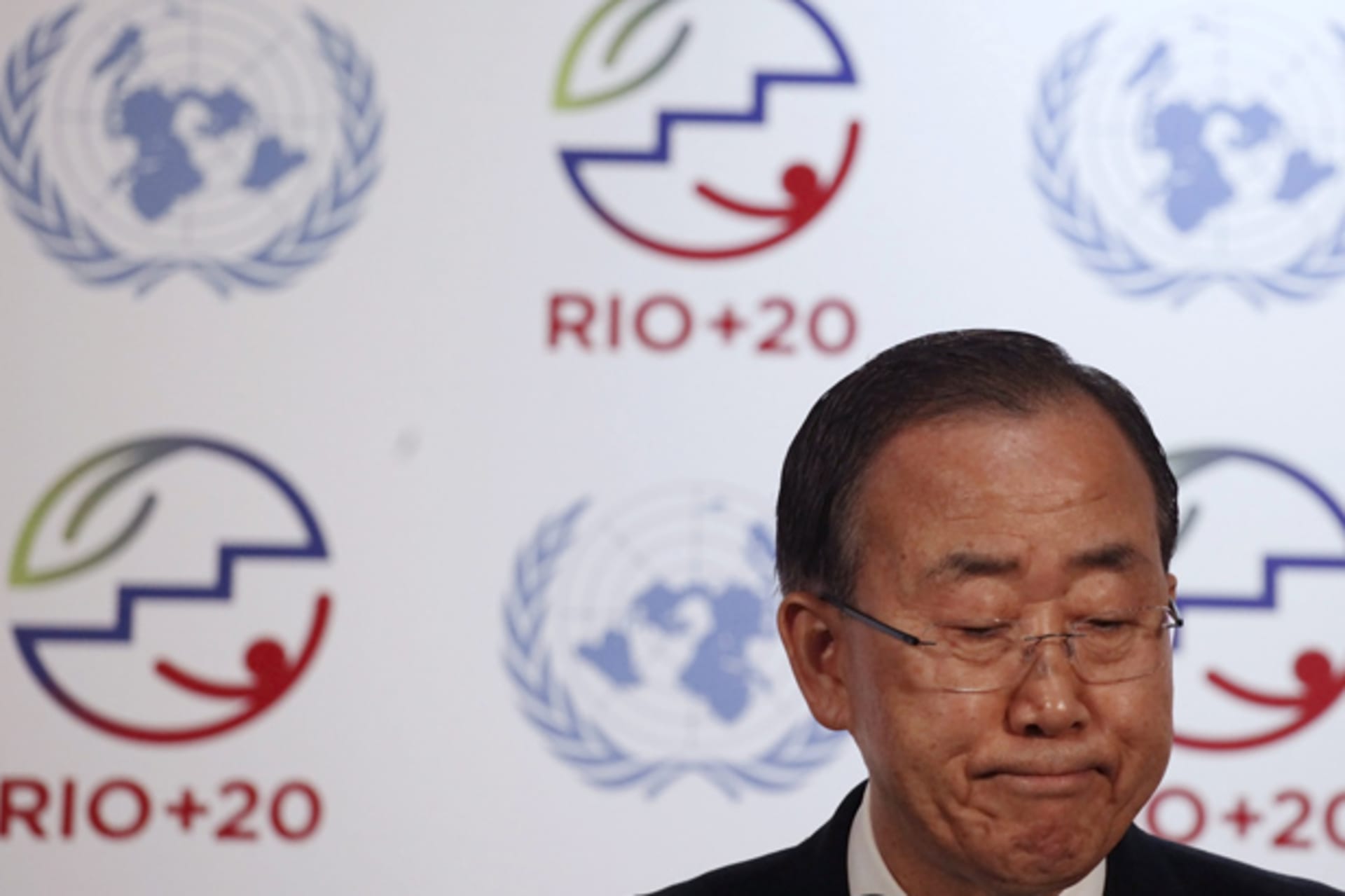UN Secretary-General Ban Ki-Moon reacts as he talks to journalists during a news conference after the opening of the Rio+20 United Nations sustainable development summit in Rio de Janeiro