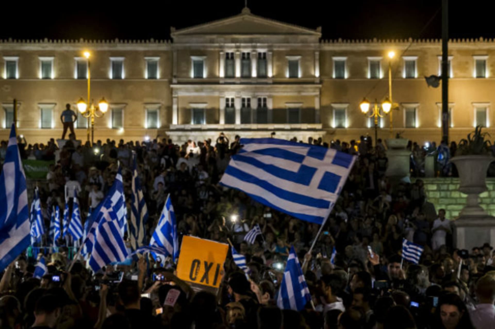 <p>“No” supporters celebrate referendum results in Athens on July 5, 2015.</p>

