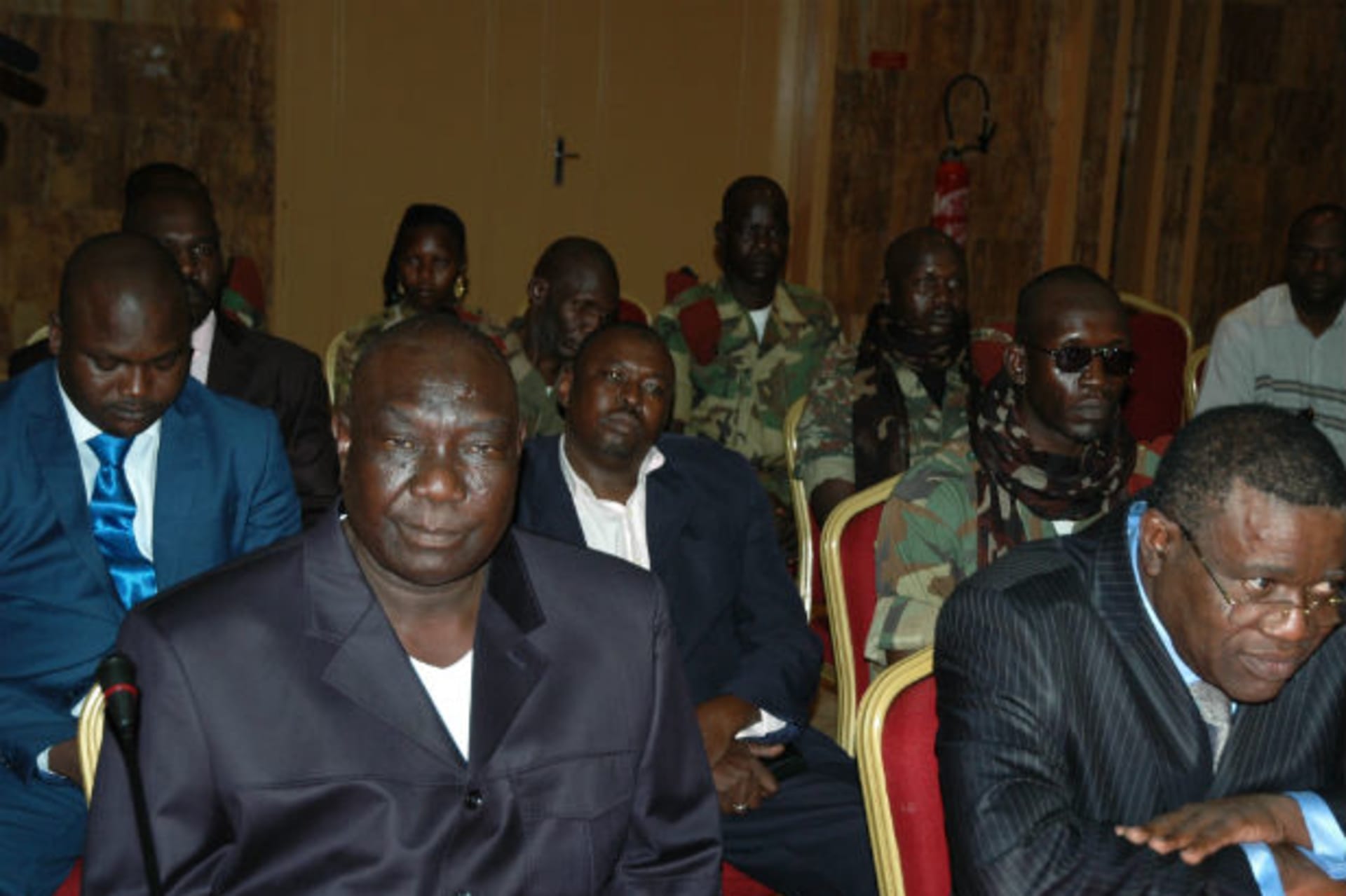 Michel Am-Nondokro Djotodia (L), leader of Central African Republic's Seleka rebel alliance, attends peace talks with delegations representing the government and the opposition in Libreville January 9, 2013.