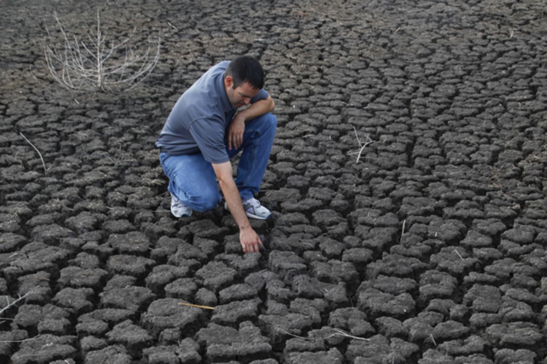 Curtis Wold, of the Kansas Wetlands Education Center, examines one of the dry pools at the Cheyenne Bottoms Wildlife Area, in Great Bend
