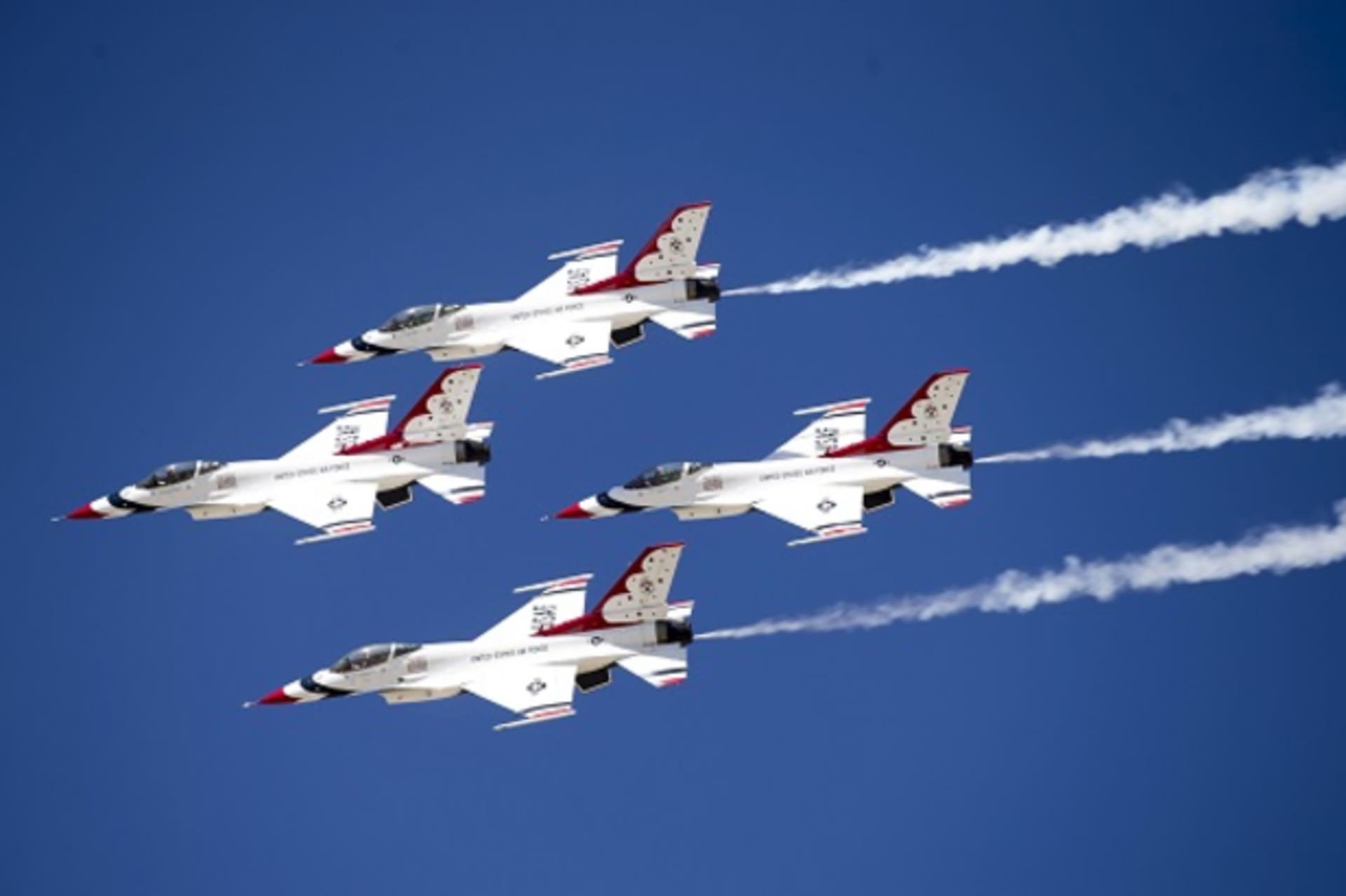 F-16 U.S. Air Force Thunderbirds fly in formation during a media day ahead of the Los Angeles County Air Show in Lancaster